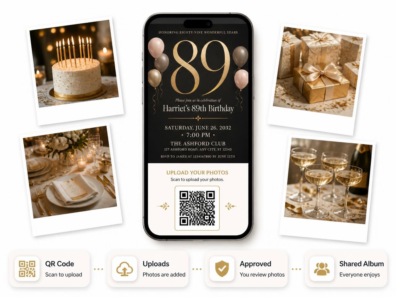 The shared photo gallery that comes with the Charcoal and Blush 89th Birthday Invitation invitation