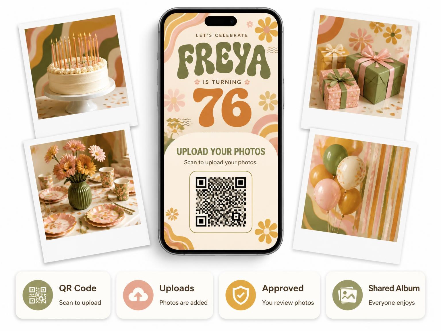 The shared photo gallery that comes with the Groovy Retro 76th Birthday Invitation invitation