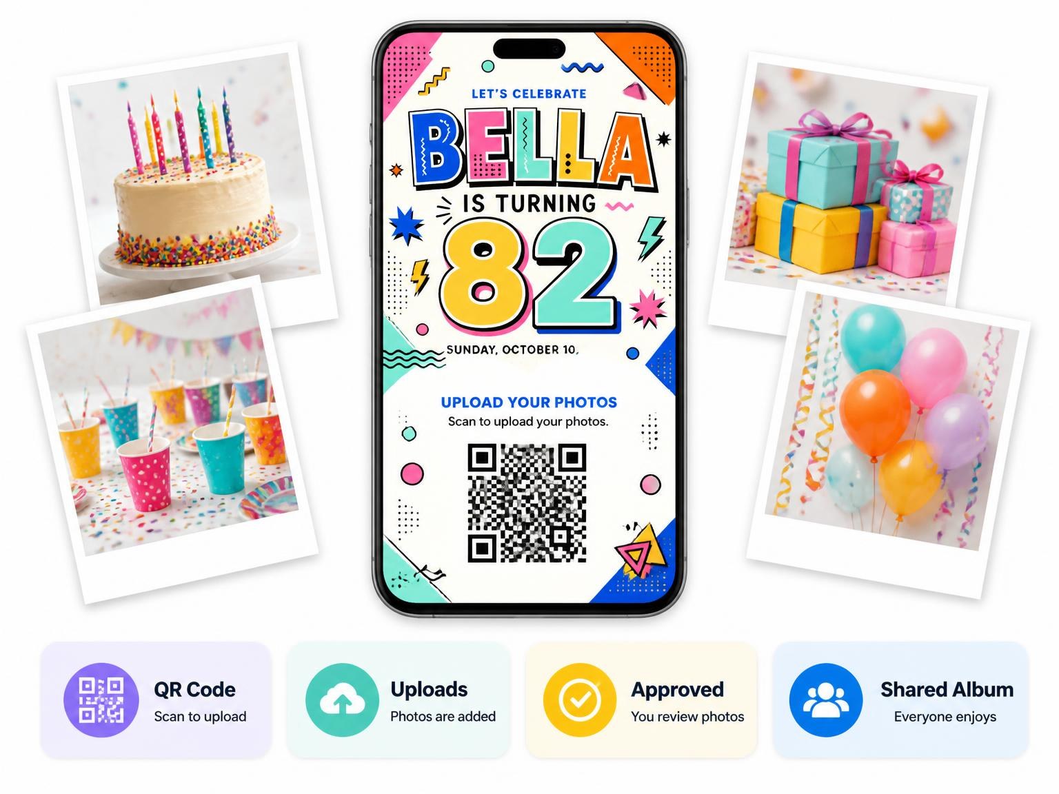 The shared photo gallery that comes with the Memphis Pop 82nd Birthday Invitation invitation