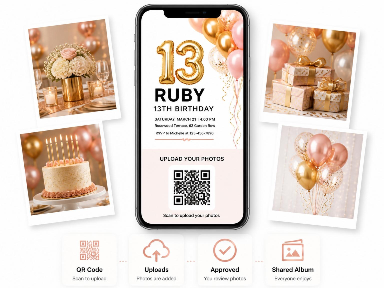 The shared photo gallery that comes with the Gold Pink Balloon 13th Birthday invitation
