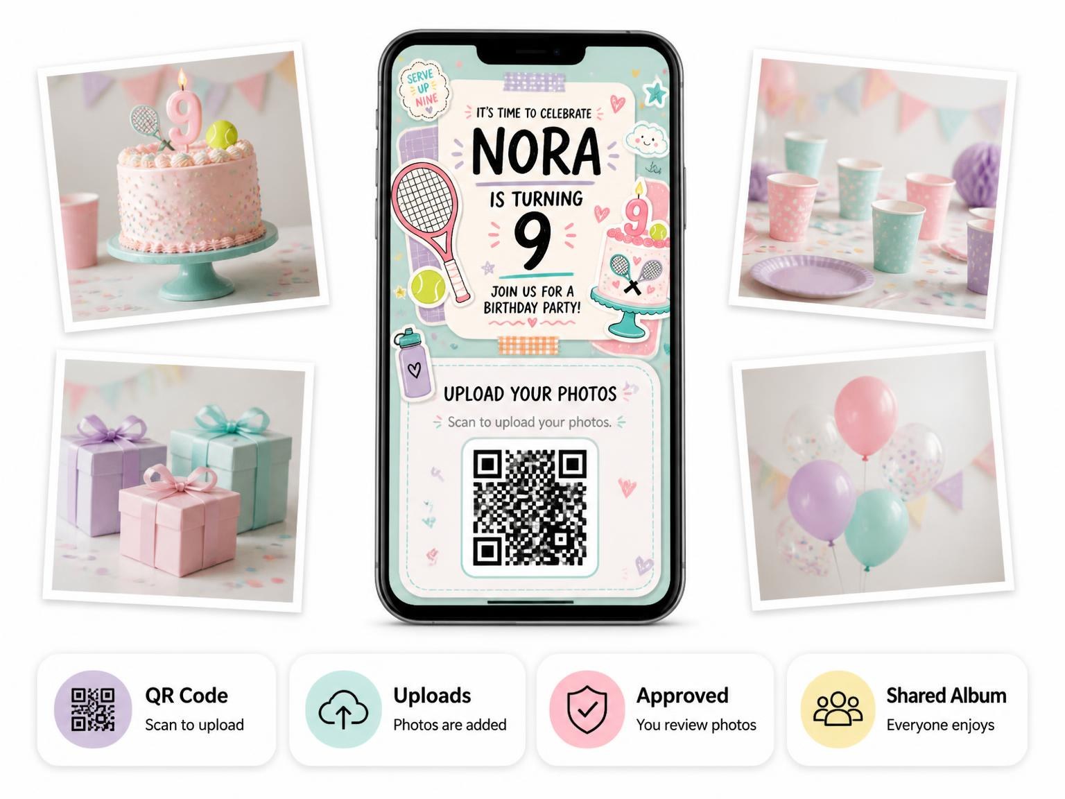 The shared photo gallery that comes with the Tennis Racket Pastel 9th Birthday Invitation invitation