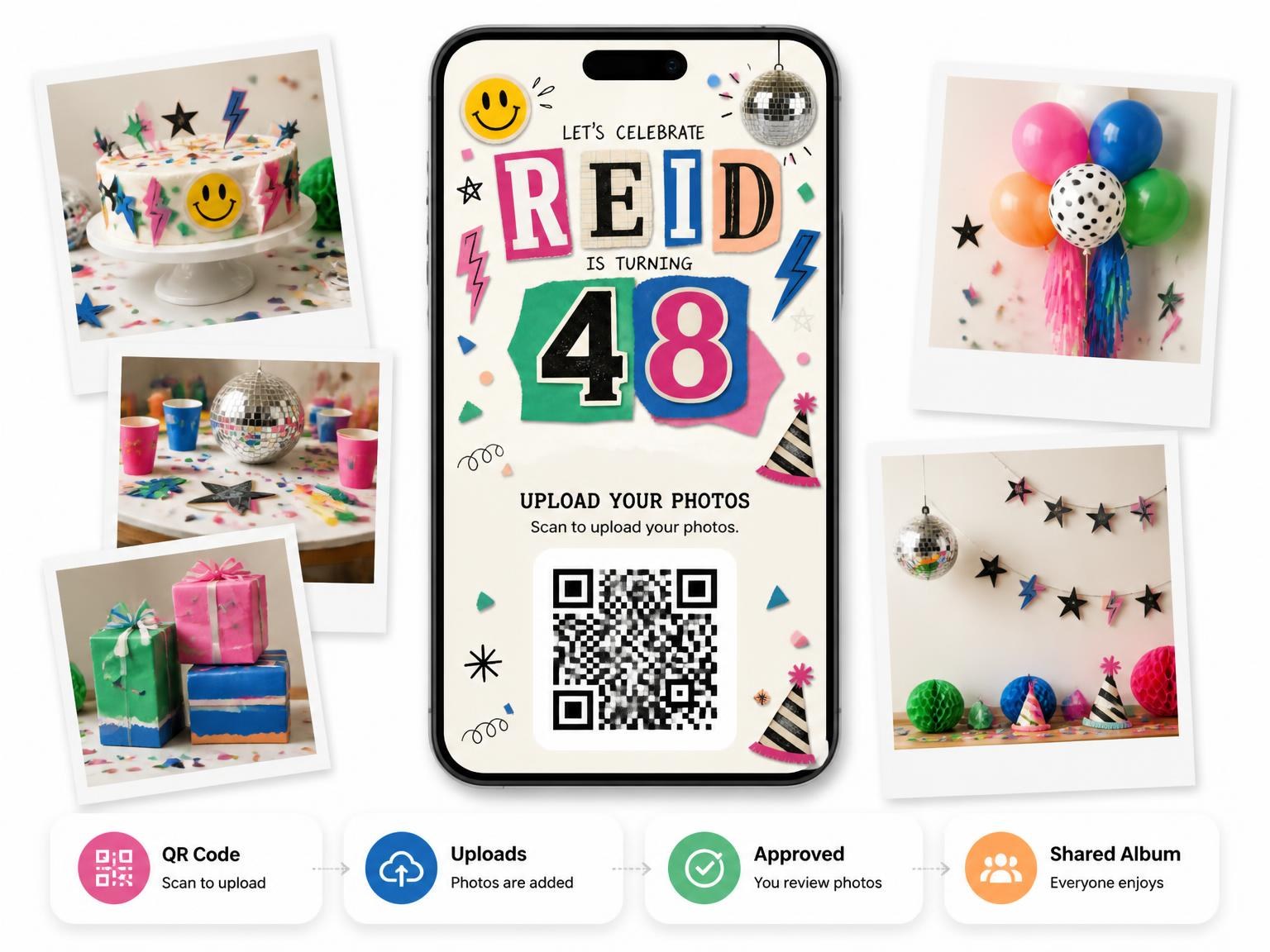 The shared photo gallery that comes with the Retro Paper Collage 48th Birthday Invitation invitation