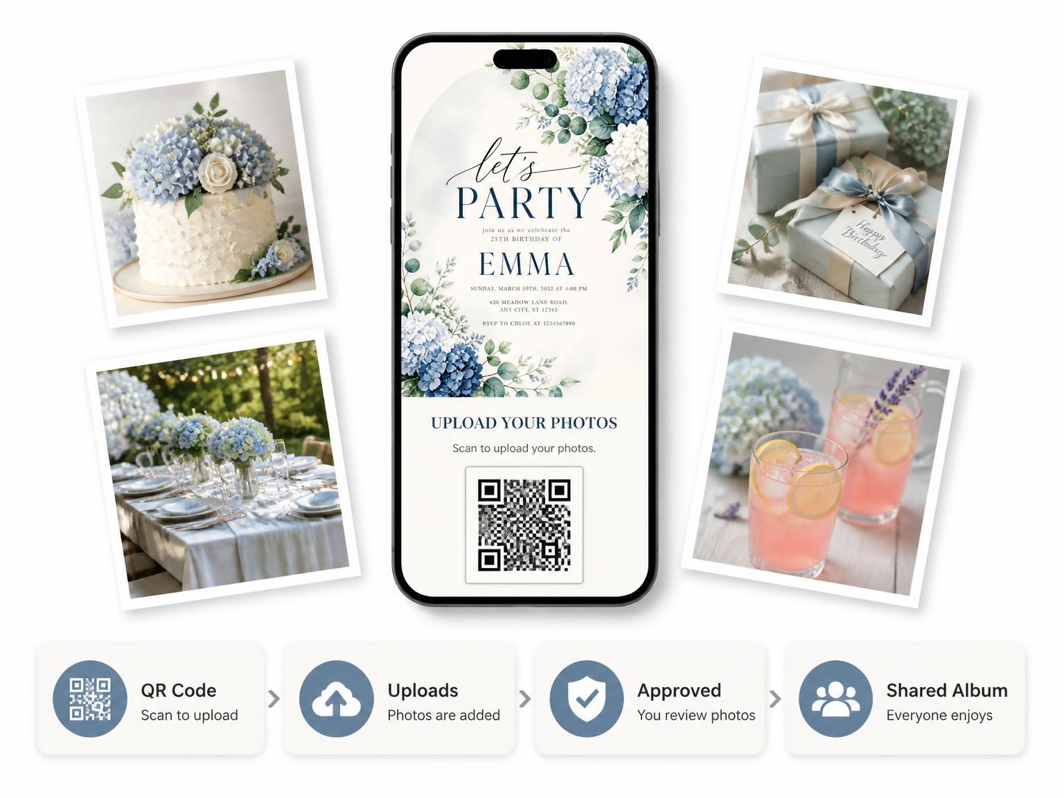 The shared photo gallery that comes with the Hydrangea Blossoms 25th Birthday Invitation invitation