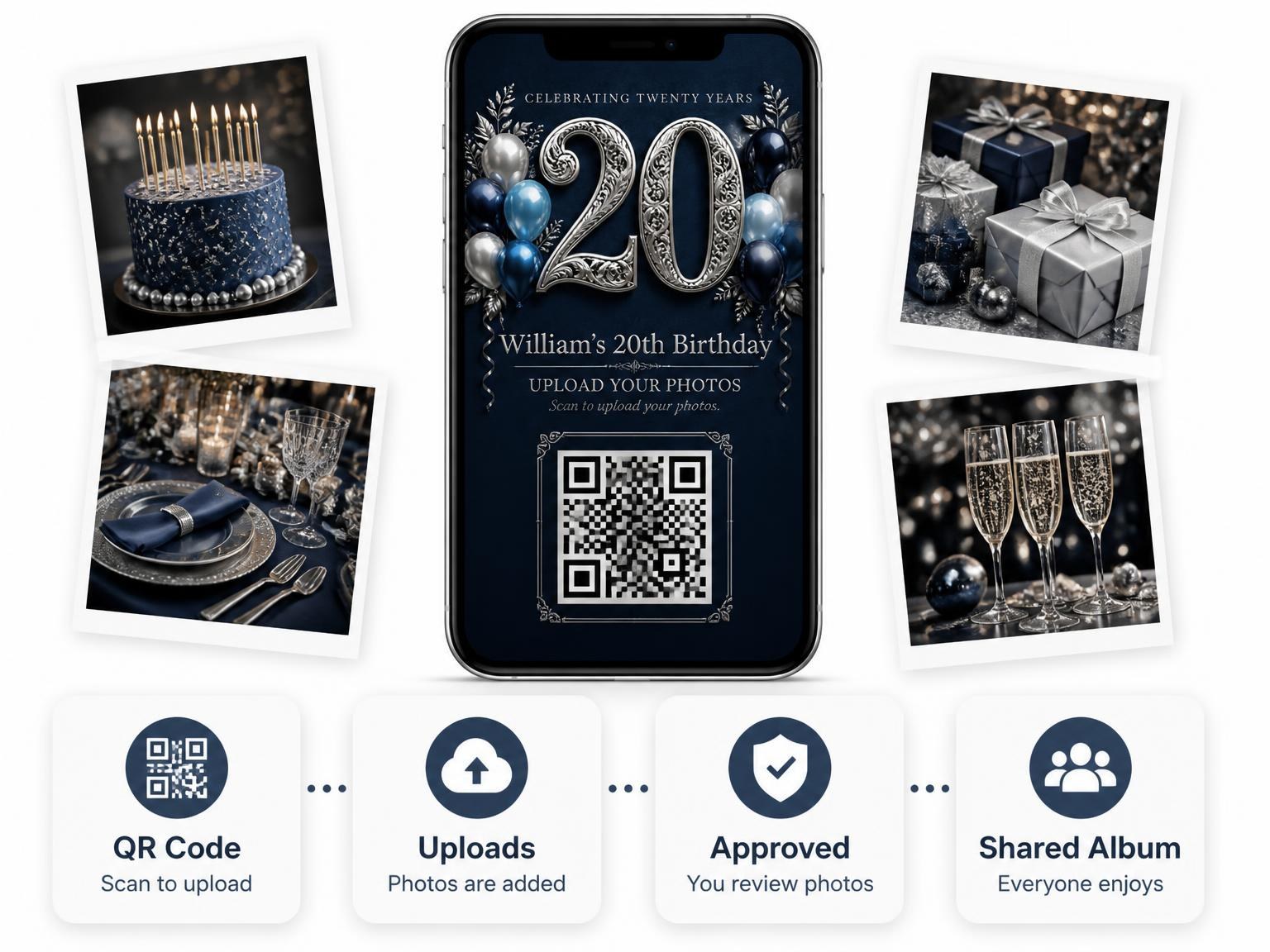 The shared photo gallery that comes with the Navy and Silver 20th Birthday Invitation invitation
