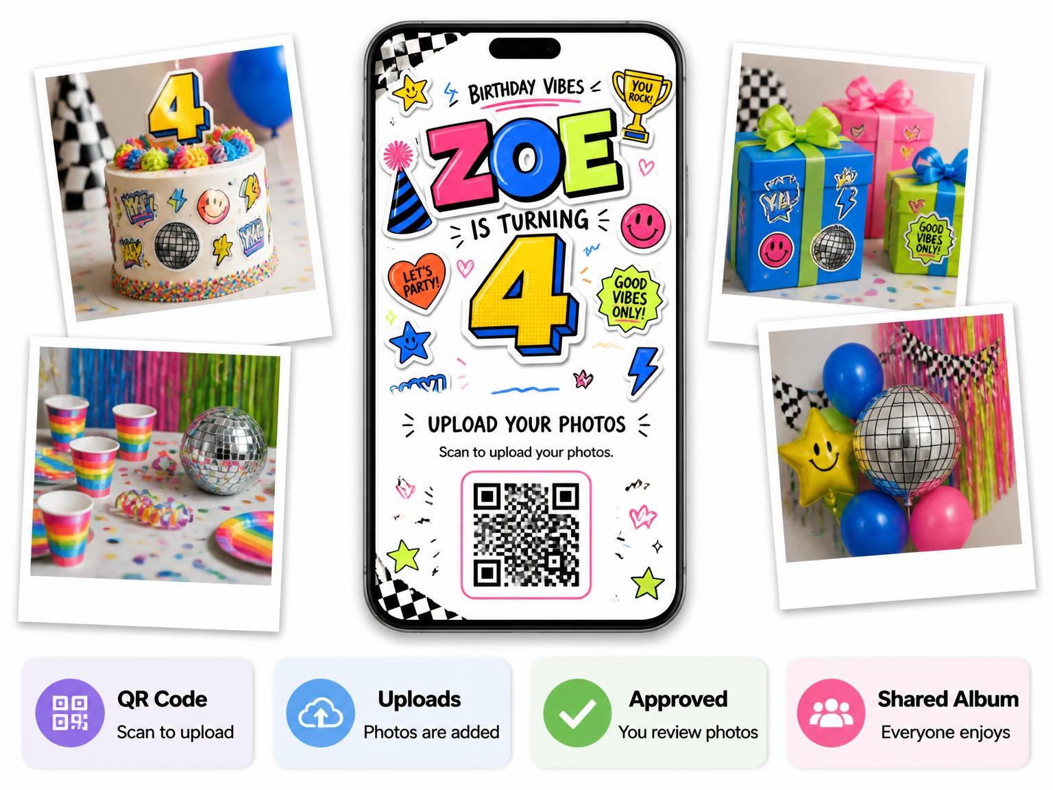 The shared photo gallery that comes with the Sticker Pop 4th Birthday Invitation invitation