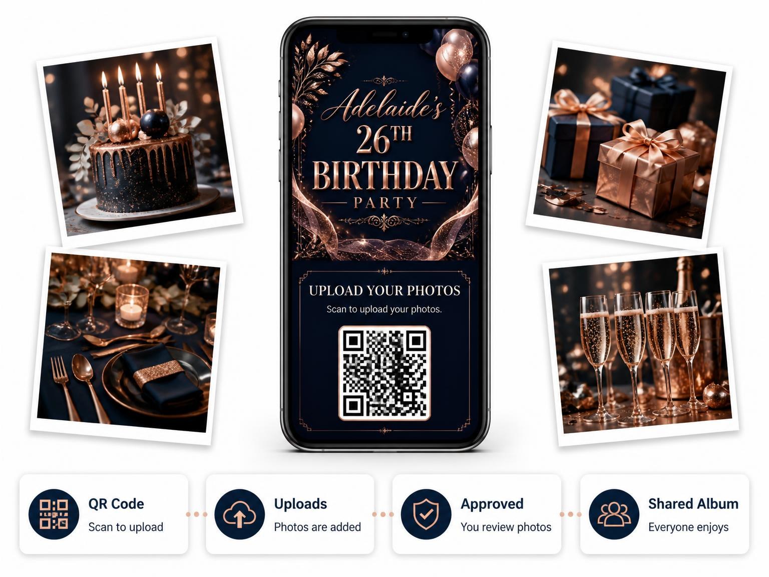 The shared photo gallery that comes with the Navy and Rose Gold 26th Birthday Invitation invitation