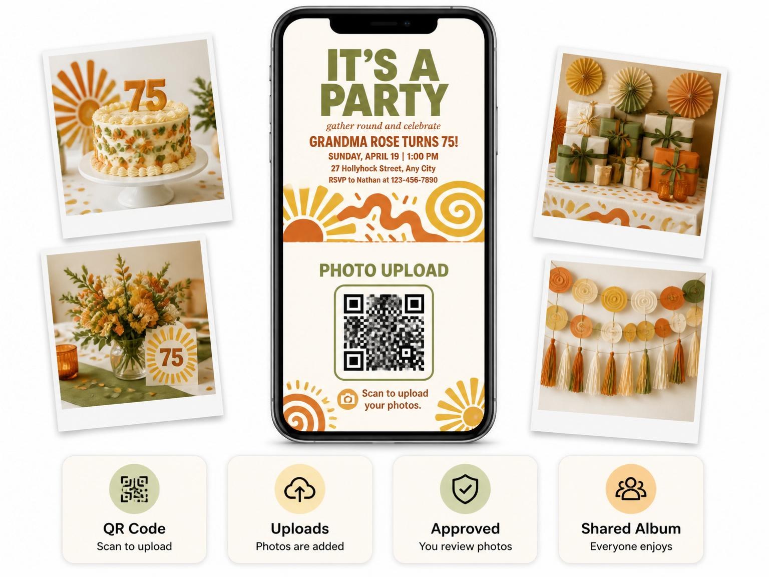 The shared photo gallery that comes with the Olive Mustard Sunburst 75th Birthday invitation
