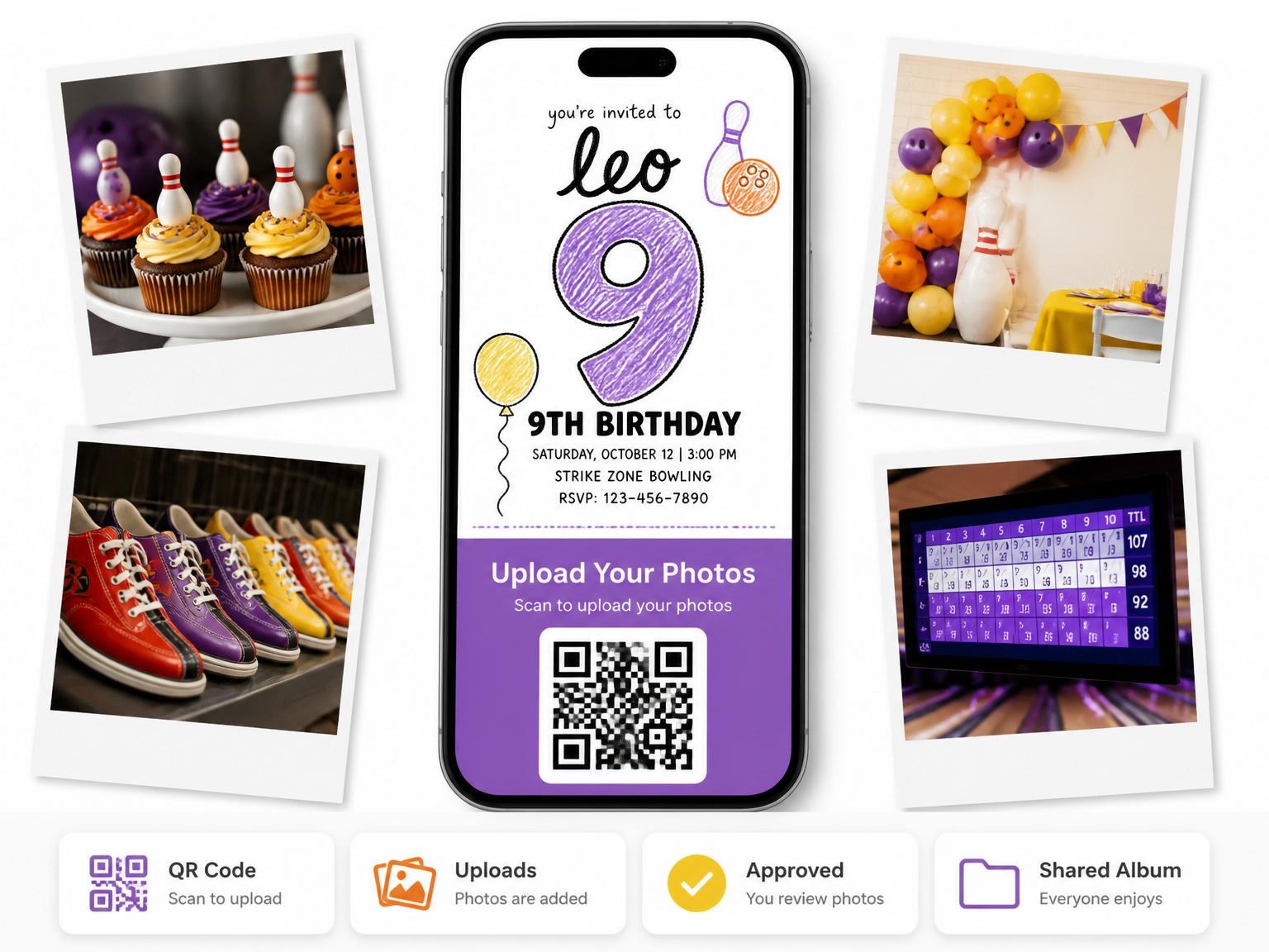 The shared photo gallery that comes with the Crayon Bowling Themed 9th Birthday Invitation invitation