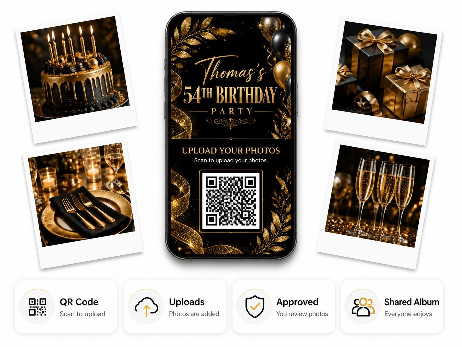 The shared photo gallery that comes with the Black and Gold 54th Birthday Invitation invitation