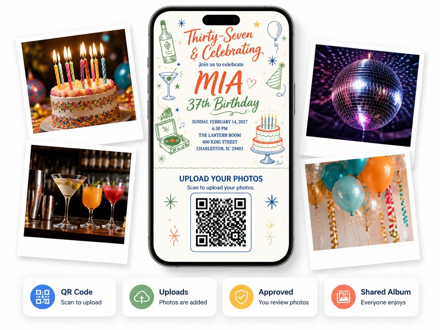 The shared photo gallery that comes with the Retro Doodle 37th Birthday Invitation invitation