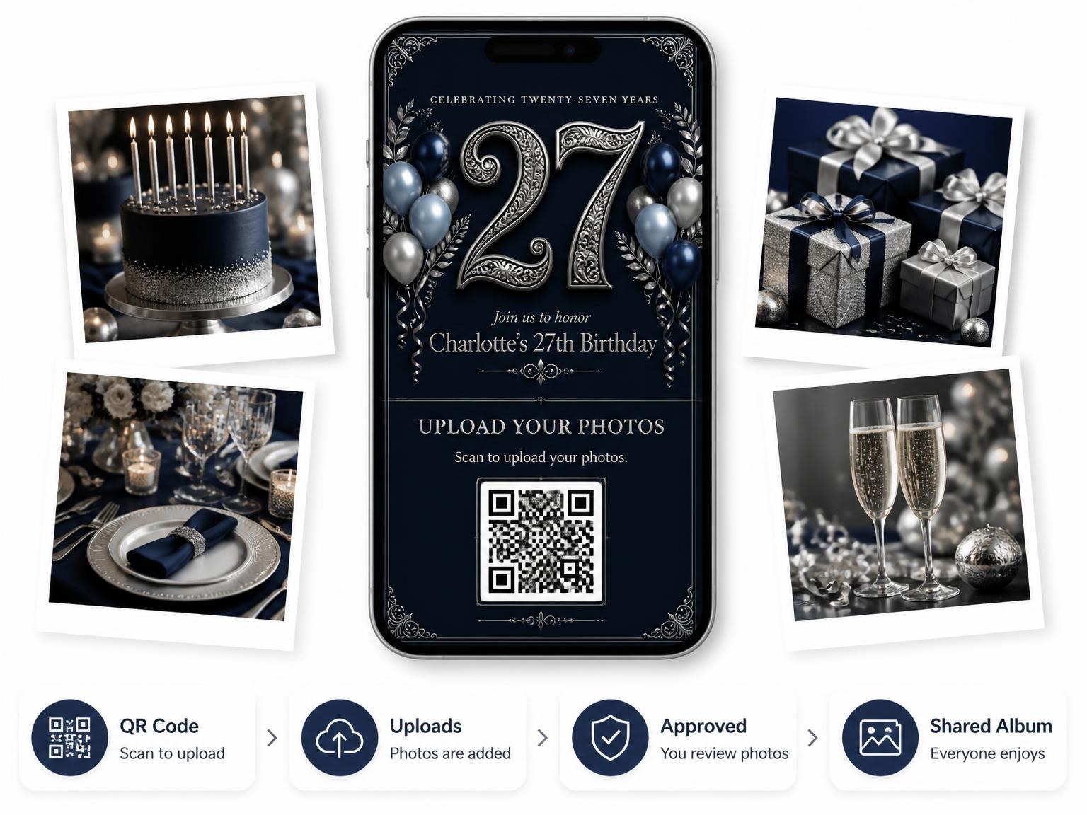 The shared photo gallery that comes with the Navy and Silver 27th Birthday Invitation invitation
