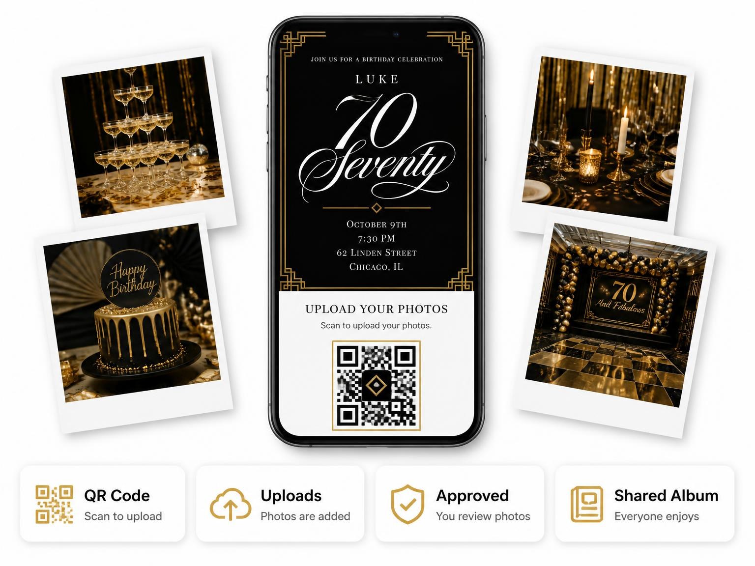 The shared photo gallery that comes with the Art Deco 70th Birthday Invitation invitation