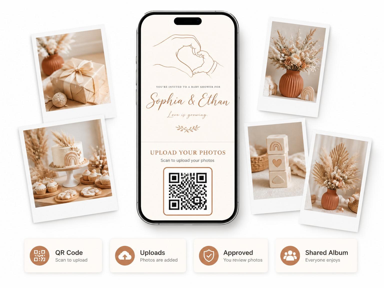 The shared photo gallery that comes with the Copper Line Art Heart Baby Shower invitation