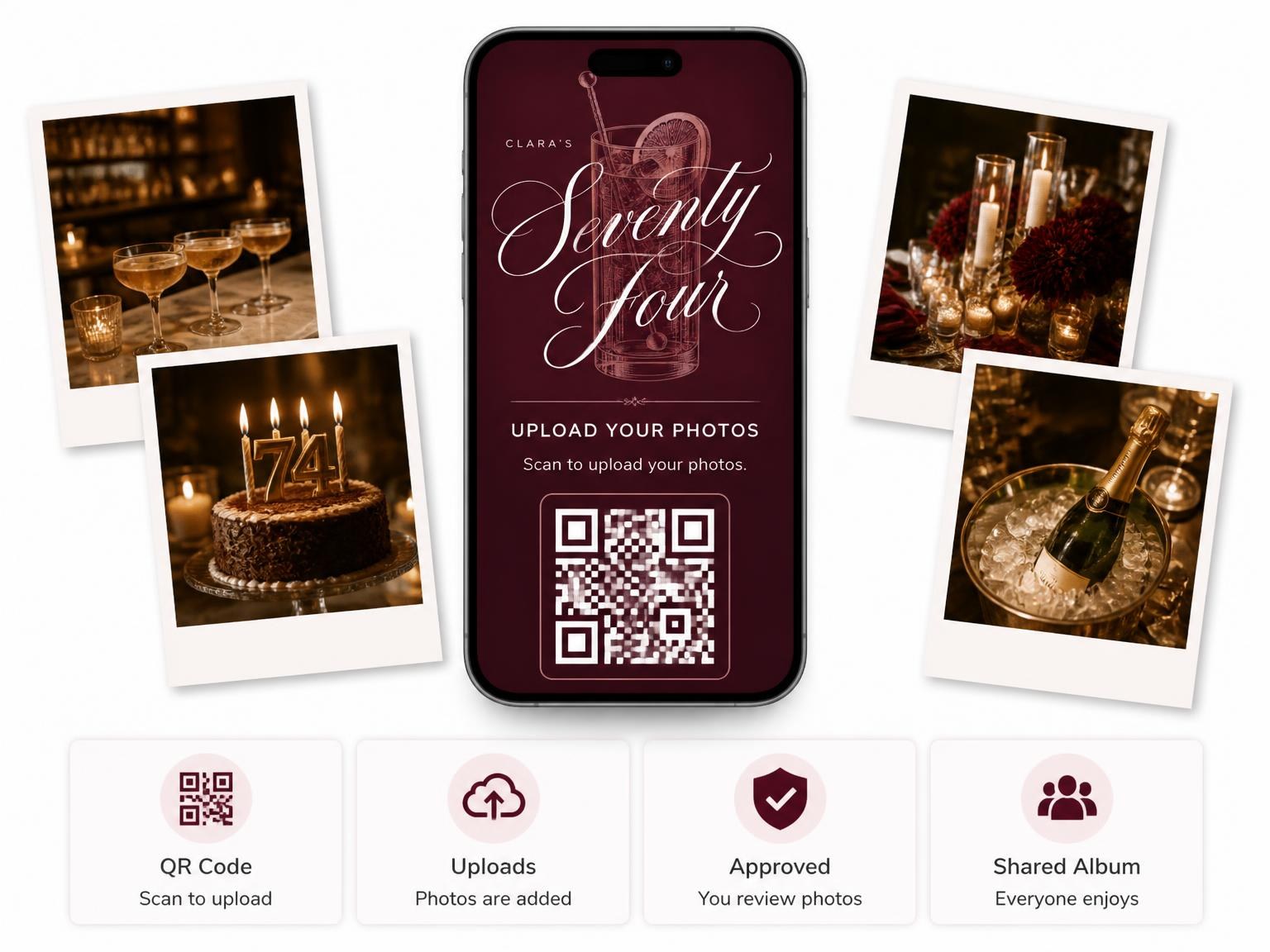 The shared photo gallery that comes with the Burgundy Cocktail 74th Birthday Invitation invitation