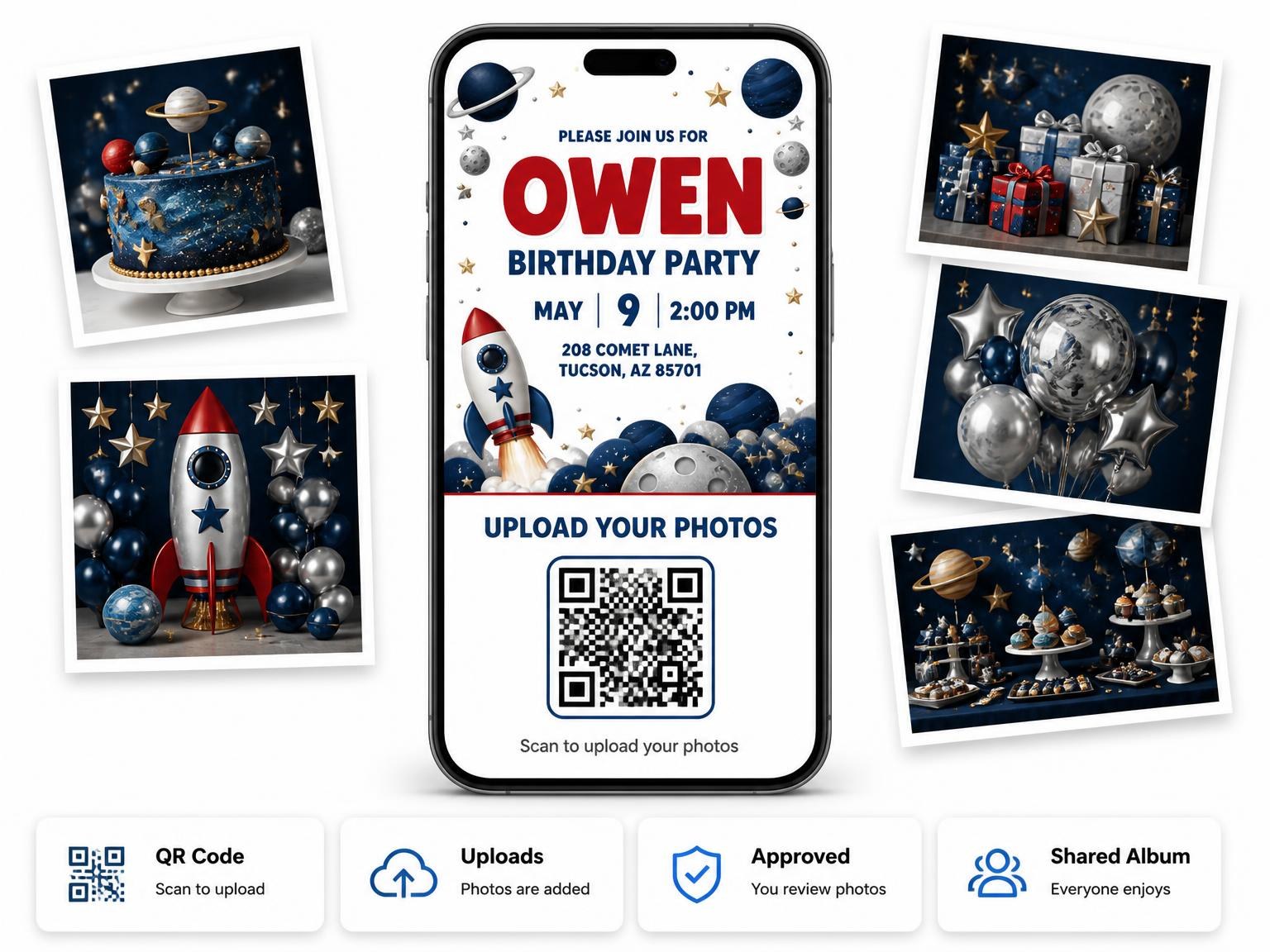 The shared photo gallery that comes with the Space Cartoon Astronaut Kids Birthday invitation