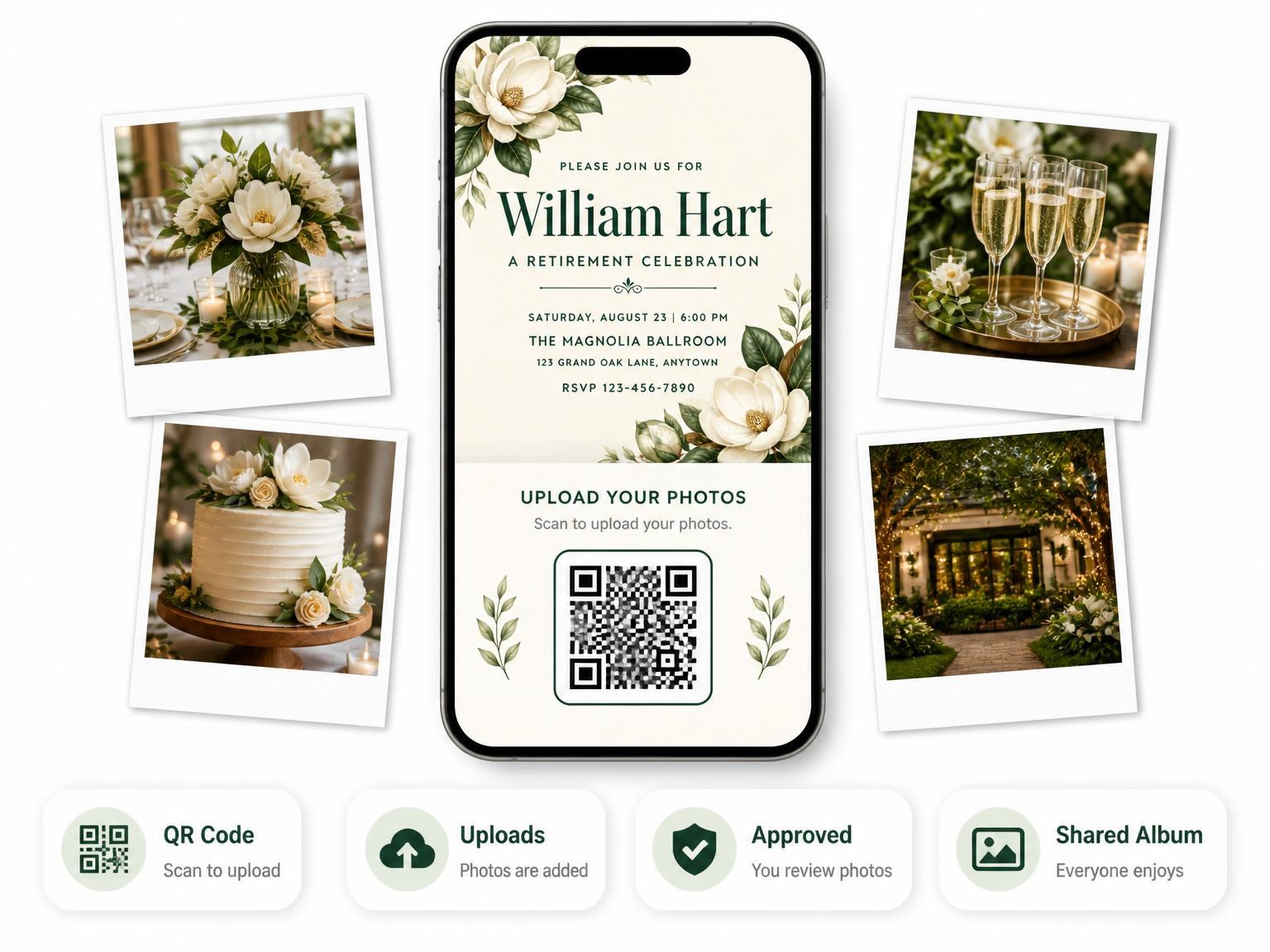 The shared photo gallery that comes with the Magnolia Retirement Celebration Invitation invitation