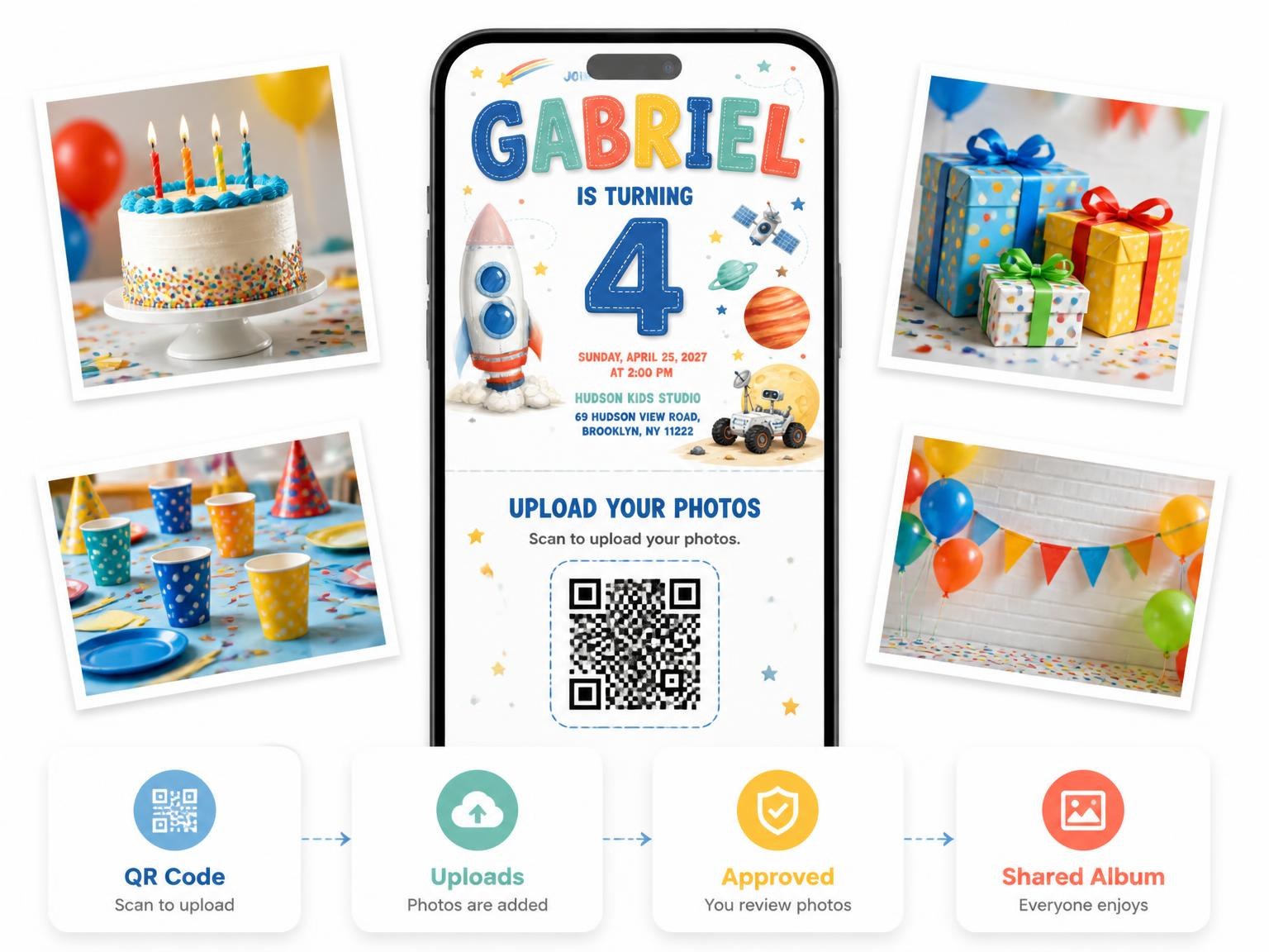 The shared photo gallery that comes with the Moon Crater Stitched 4th Birthday Invitation invitation