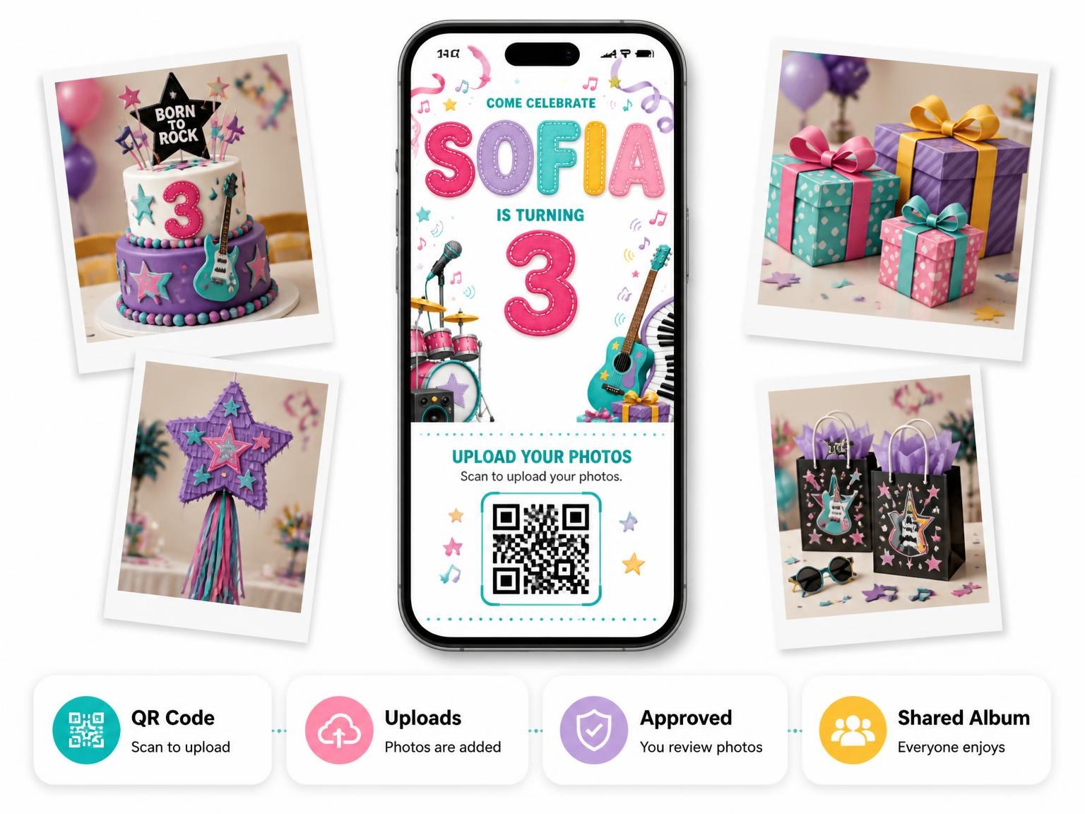 The shared photo gallery that comes with the Stitched Rock Star 3rd Birthday Invitation invitation
