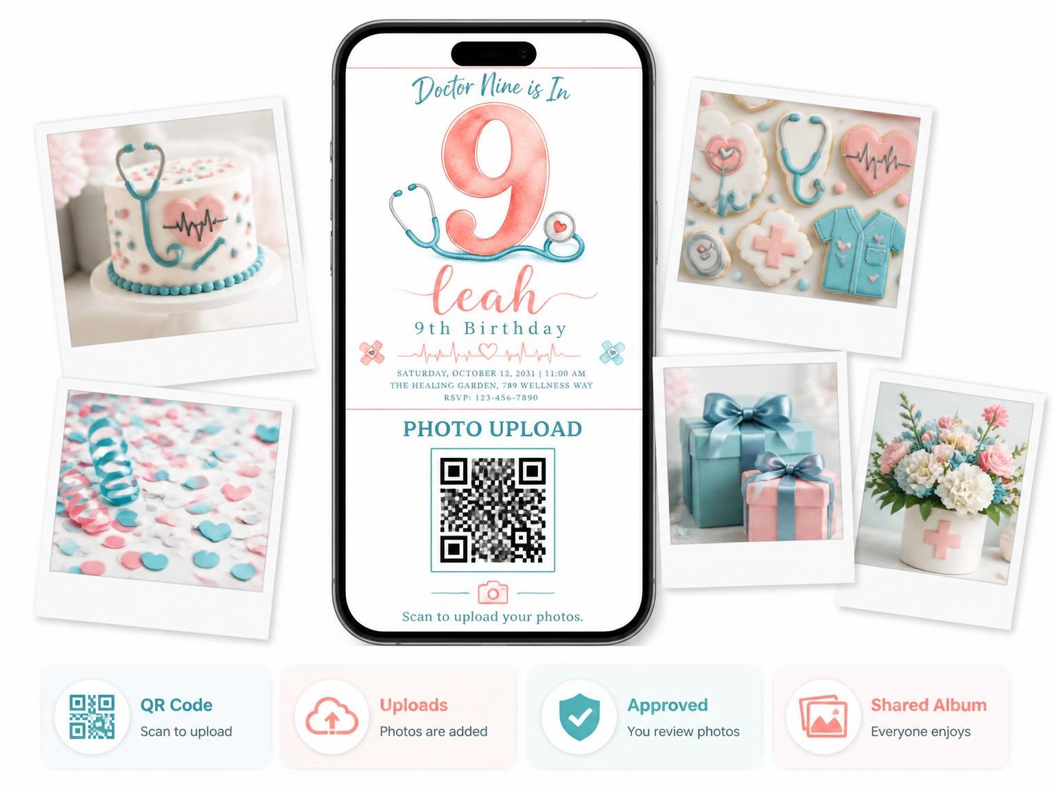 The shared photo gallery that comes with the Watercolor Medical Motif 9th Birthday invitation