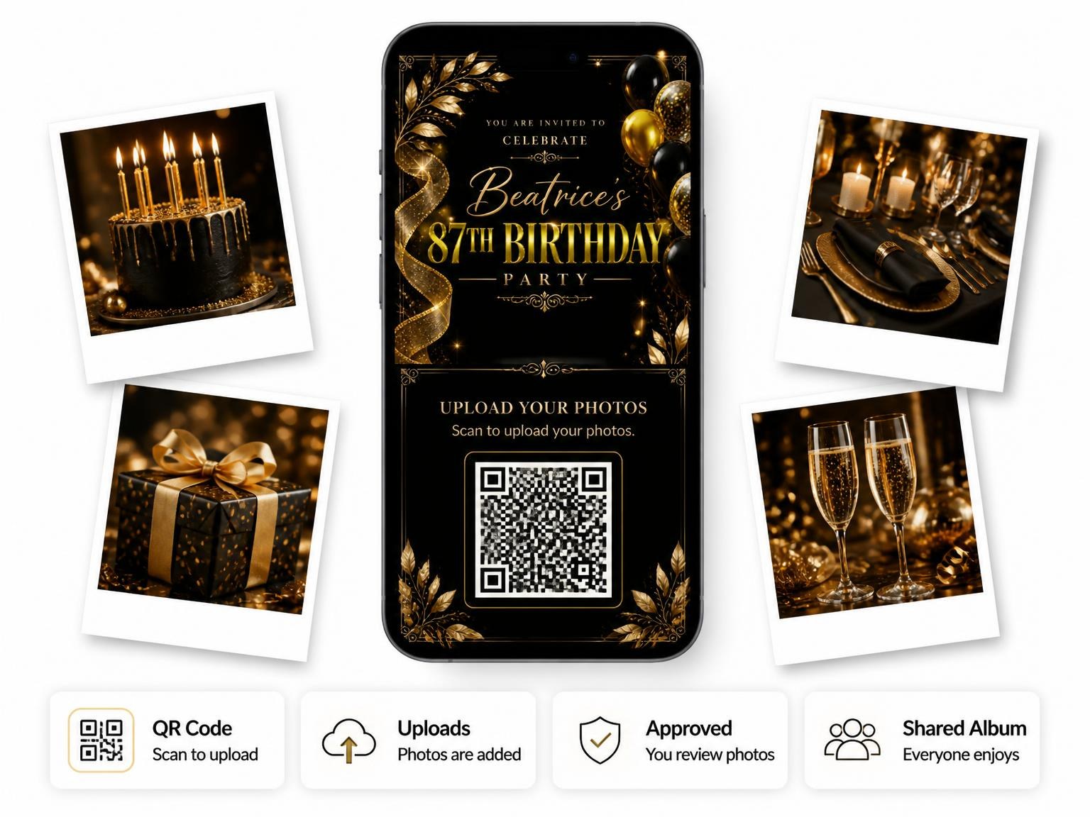 The shared photo gallery that comes with the Black and Gold 87th Birthday Invitation invitation