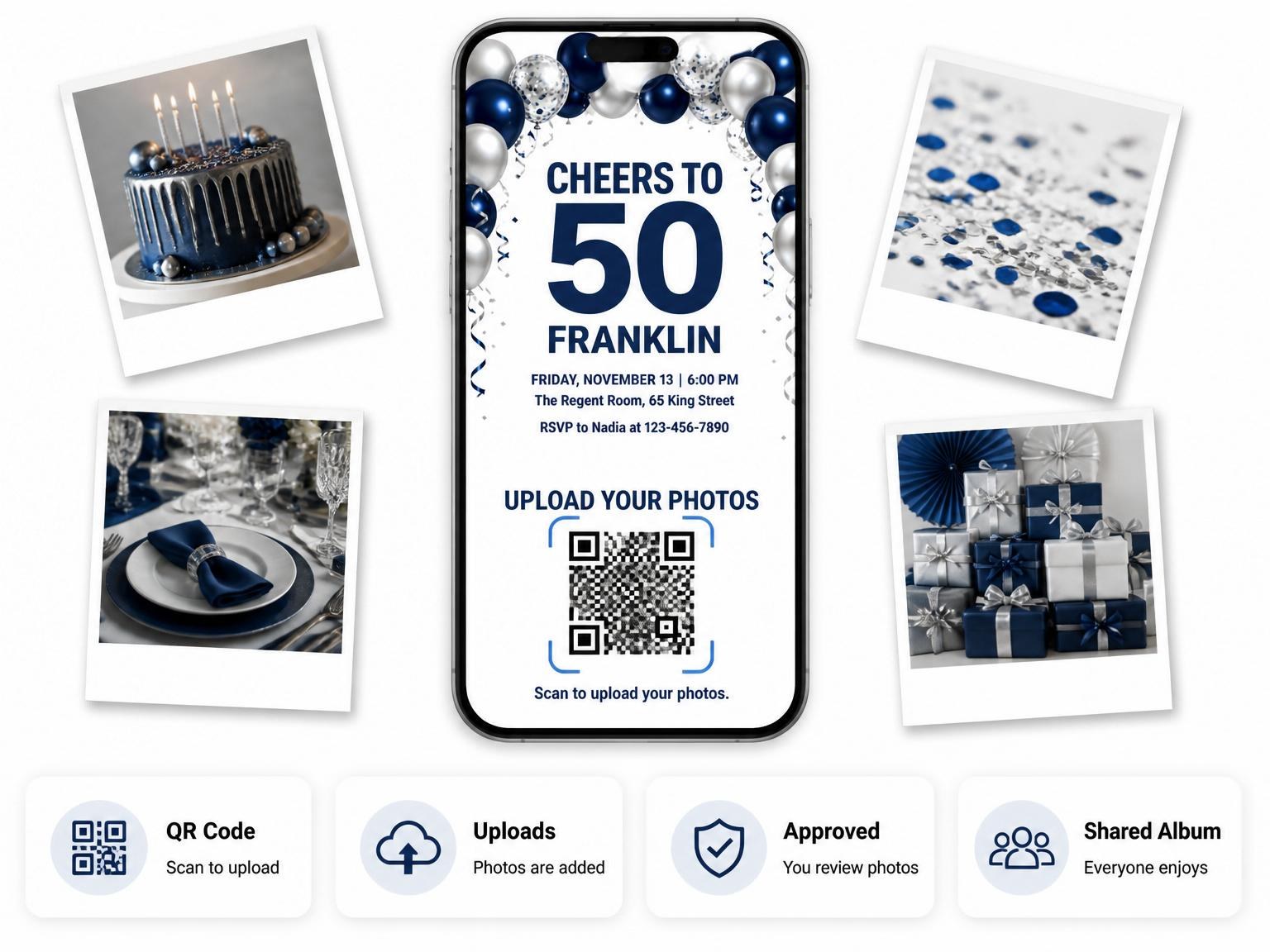 The shared photo gallery that comes with the Navy and Silver Balloon 50th Birthday invitation