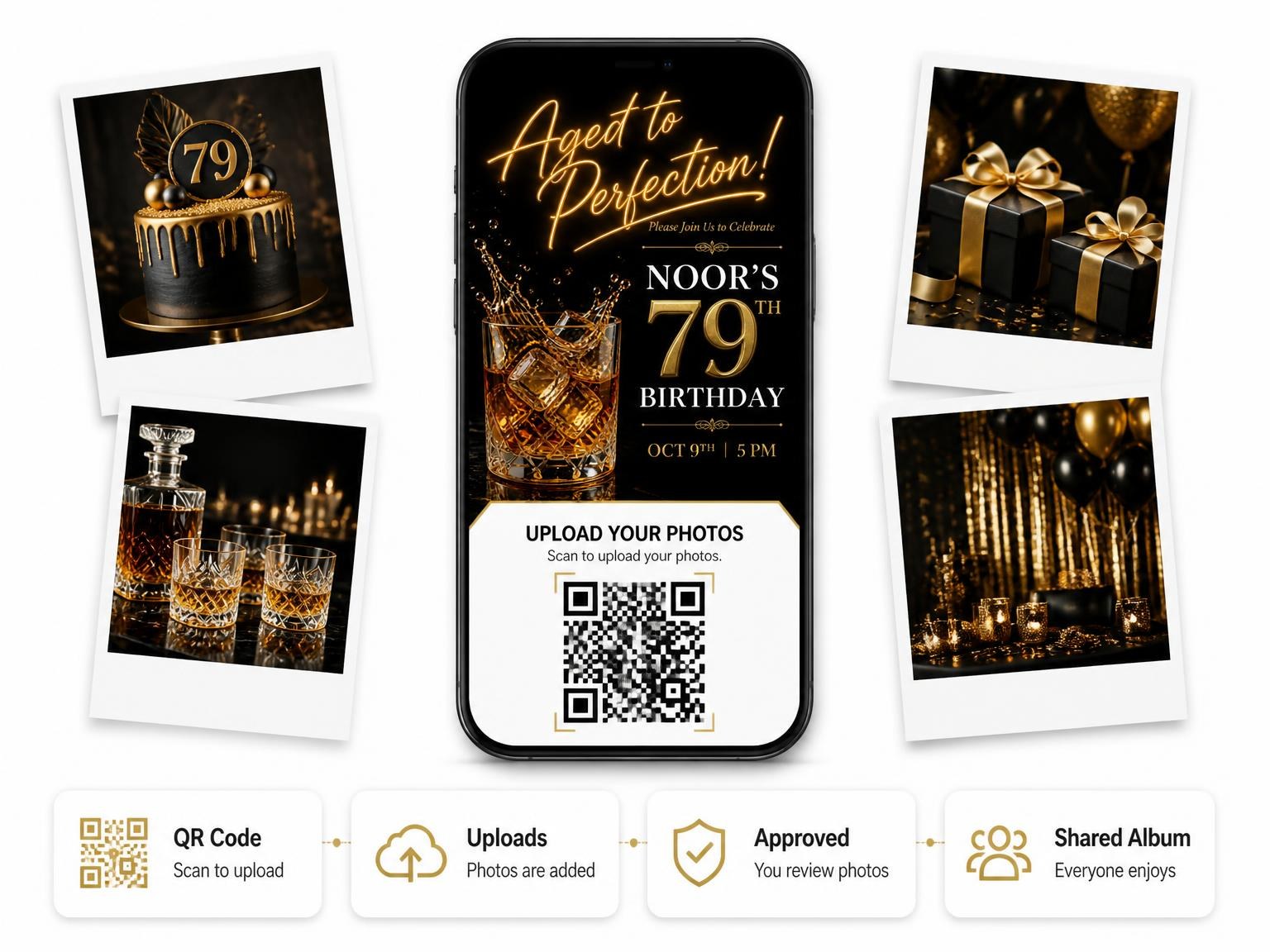 The shared photo gallery that comes with the Whiskey Glass 79th Birthday Invitation invitation