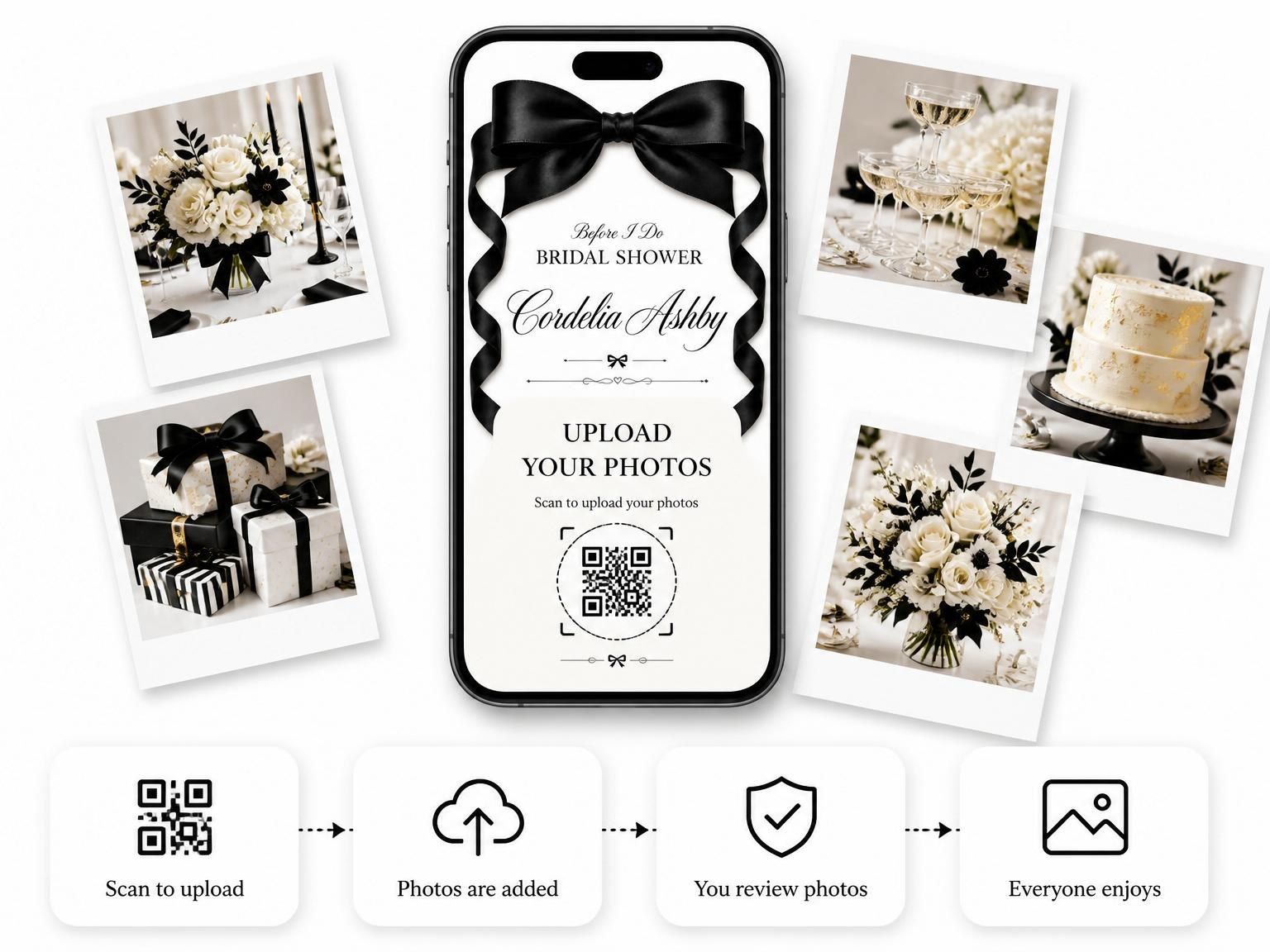 The shared photo gallery that comes with the Black Satin Bow Bridal Shower invitation