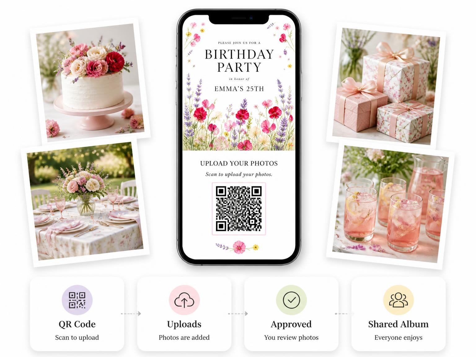 The shared photo gallery that comes with the Flower Sprigs Scarlet 25th Birthday Invitation invitation