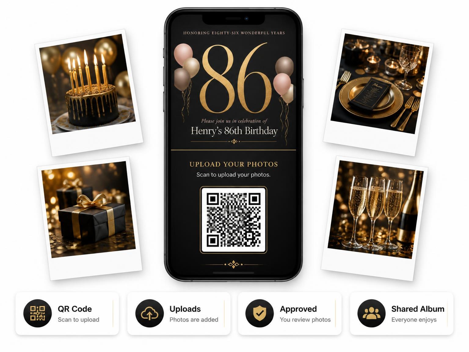 The shared photo gallery that comes with the Charcoal and Blush 86th Birthday Invitation invitation