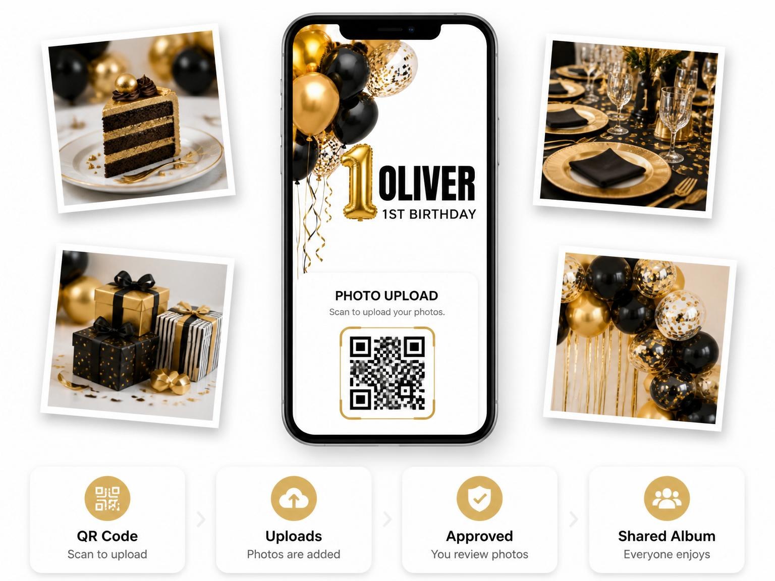 The shared photo gallery that comes with the Gold and Black Balloon 1st Birthday invitation