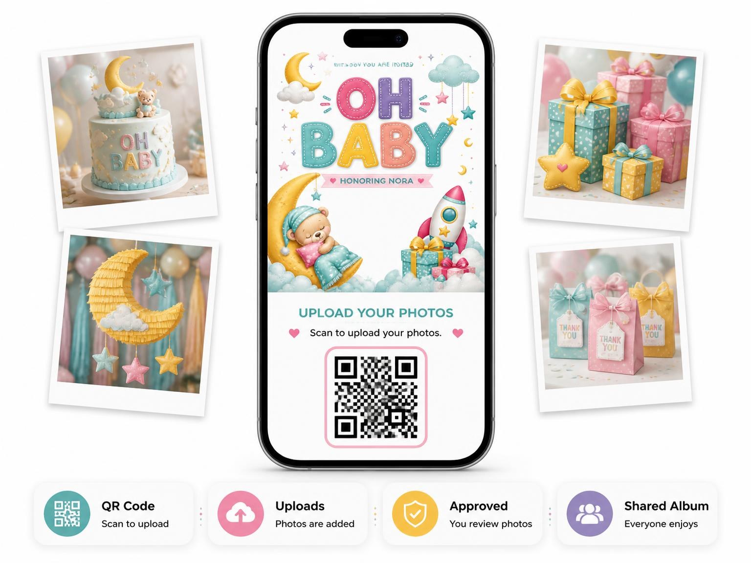The shared photo gallery that comes with the Pink Moon and Stars Baby Shower Invitation invitation