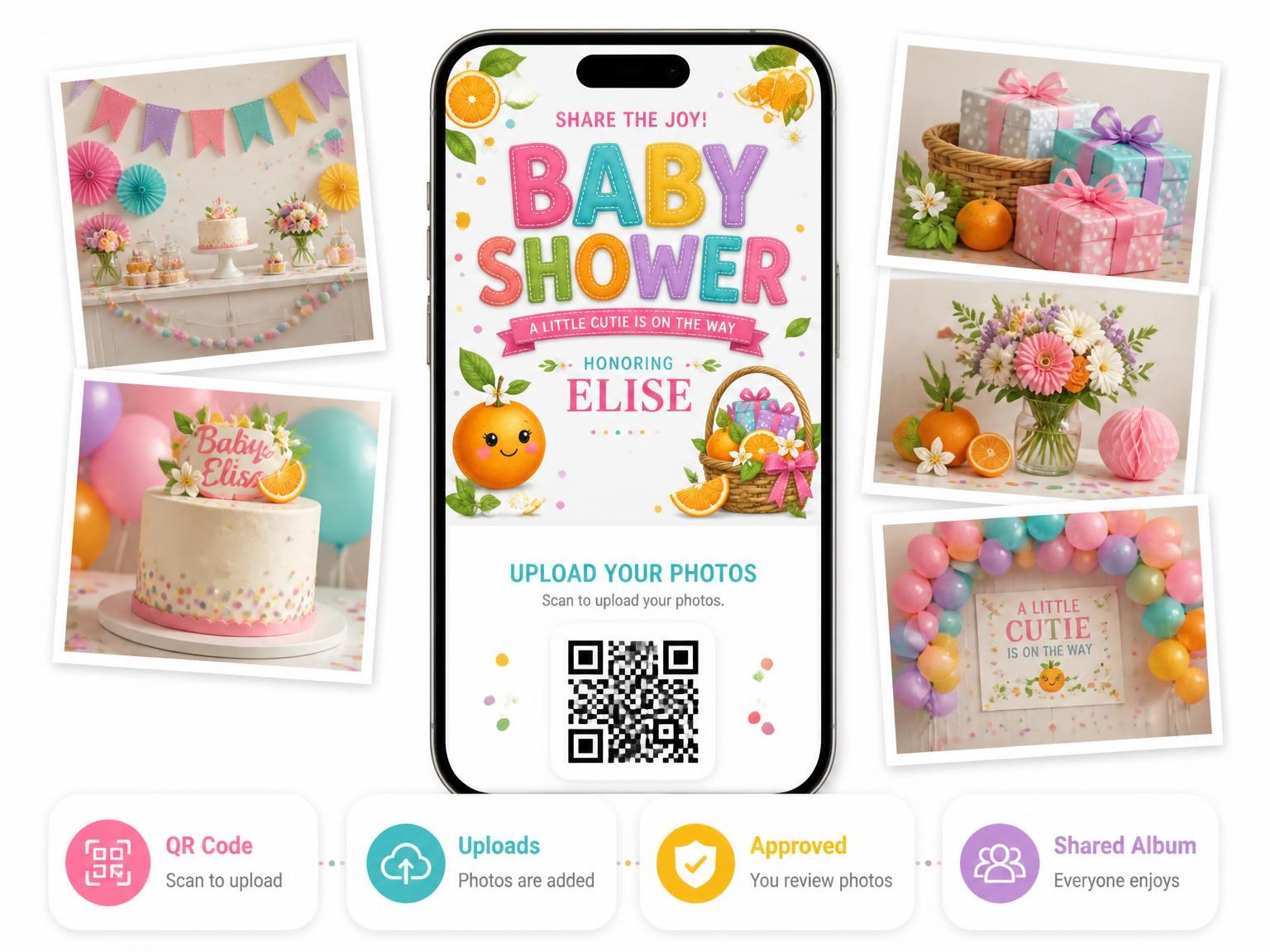 The shared photo gallery that comes with the Orange Baby Shower Invitation invitation