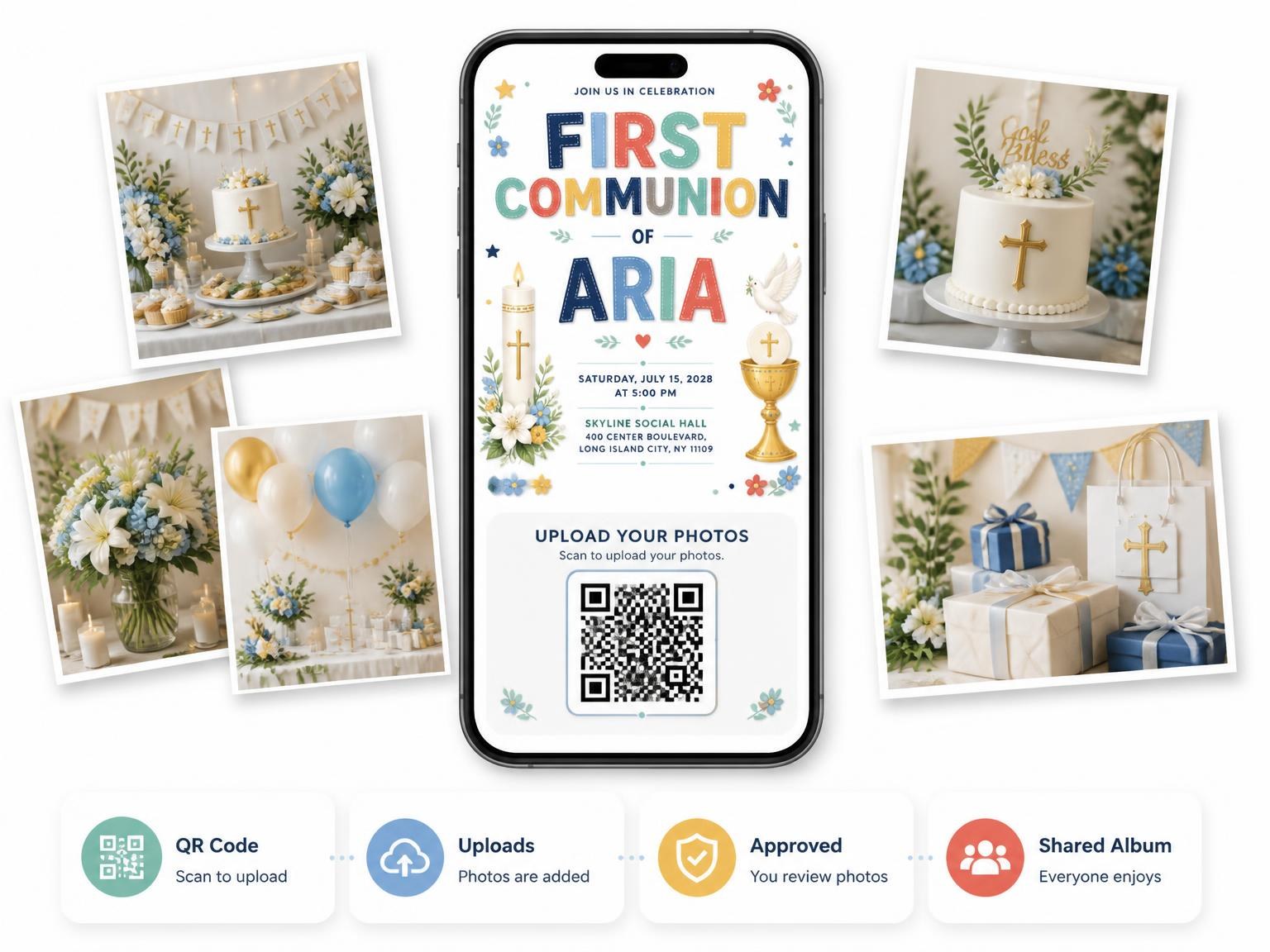 The shared photo gallery that comes with the Paschal Candle First Communion Invitation invitation