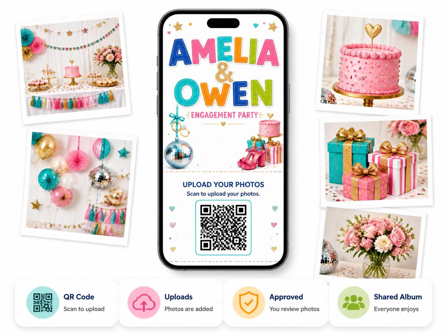 The shared photo gallery that comes with the Disco Ball Engagement Party Invitation invitation