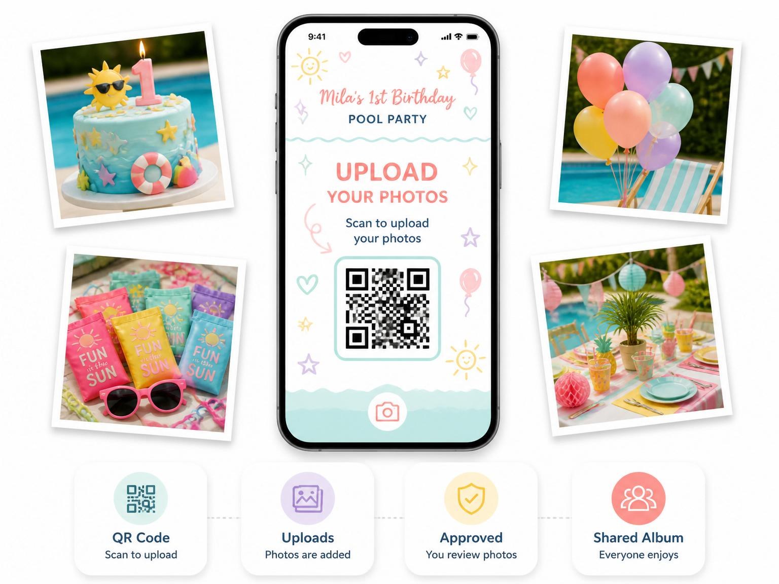 The shared photo gallery that comes with the Pastel Doodle Pool Party 1st Birthday invitation