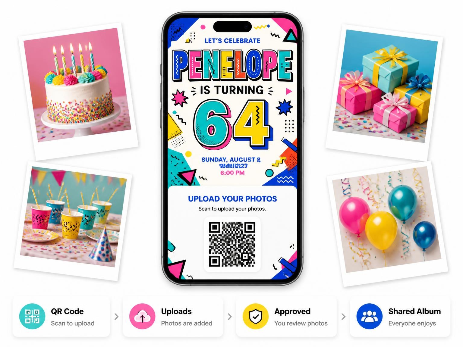 The shared photo gallery that comes with the Memphis Pop 64th Birthday Invitation invitation