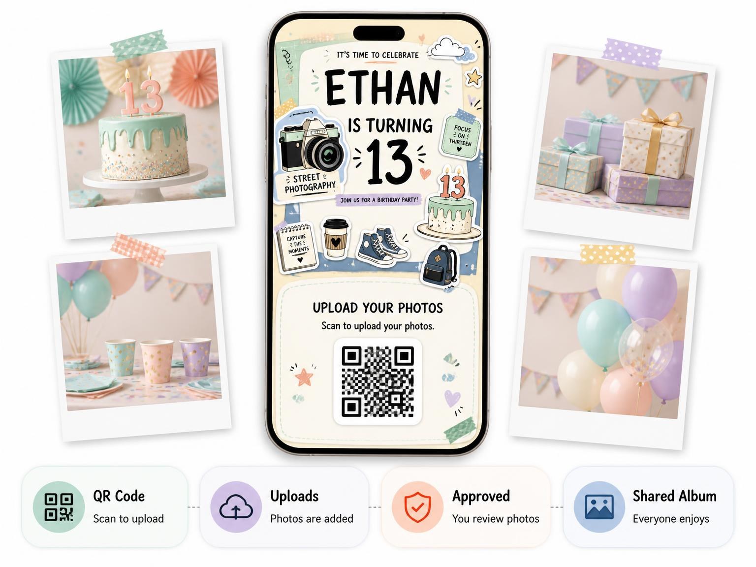 The shared photo gallery that comes with the Vintage Camera Pastel 13th Birthday Invitation invitation
