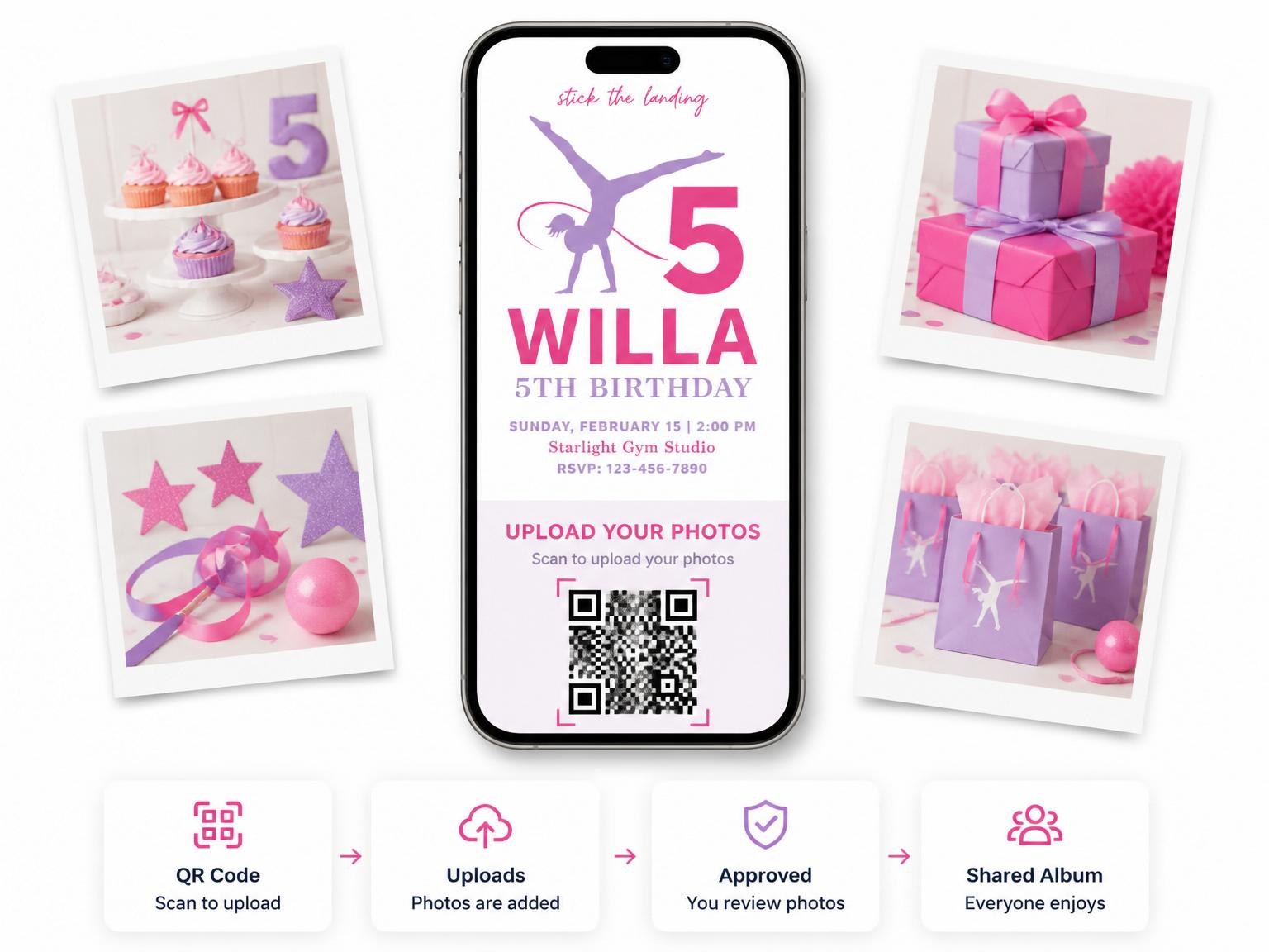 The shared photo gallery that comes with the Hot Pink Lavender Gymnast 5th Birthday invitation