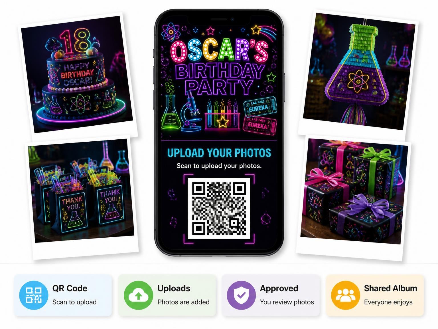 The shared photo gallery that comes with the Neon Science Lab 18th Birthday Invitation invitation
