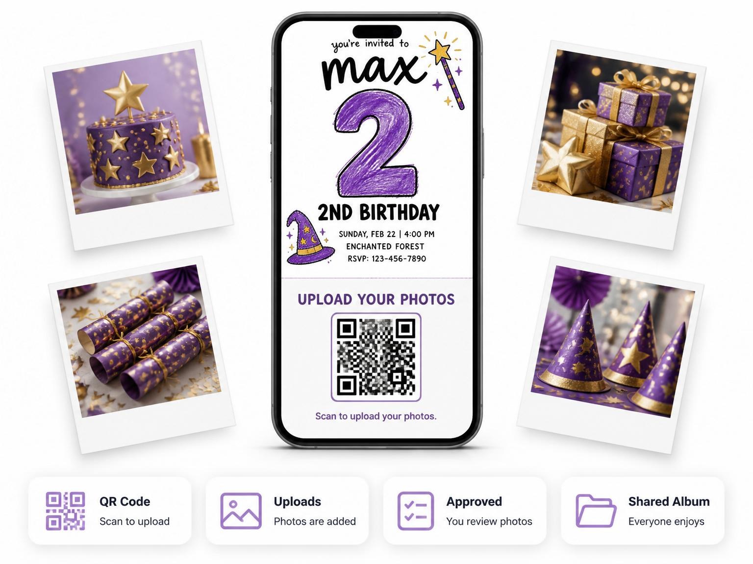 The shared photo gallery that comes with the Crayon Wizard Hat 2nd Birthday Invitation invitation