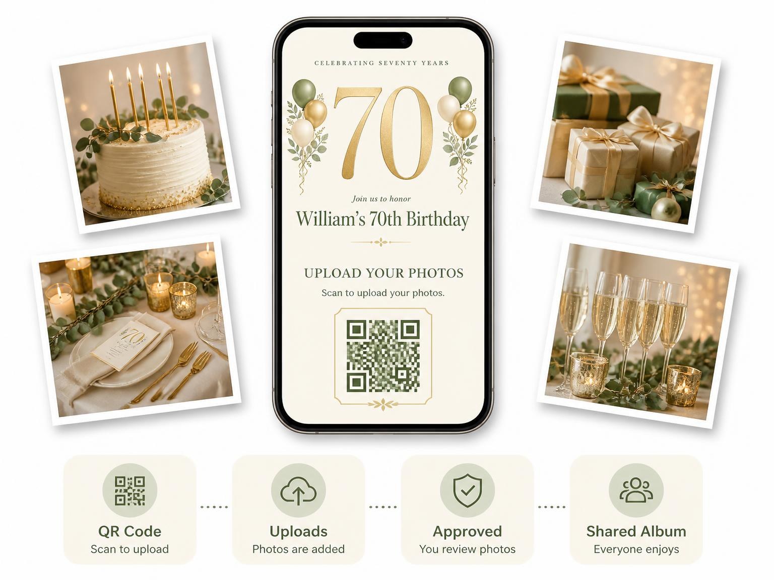 The shared photo gallery that comes with the Sage and Ivory 70th Birthday Invitation invitation
