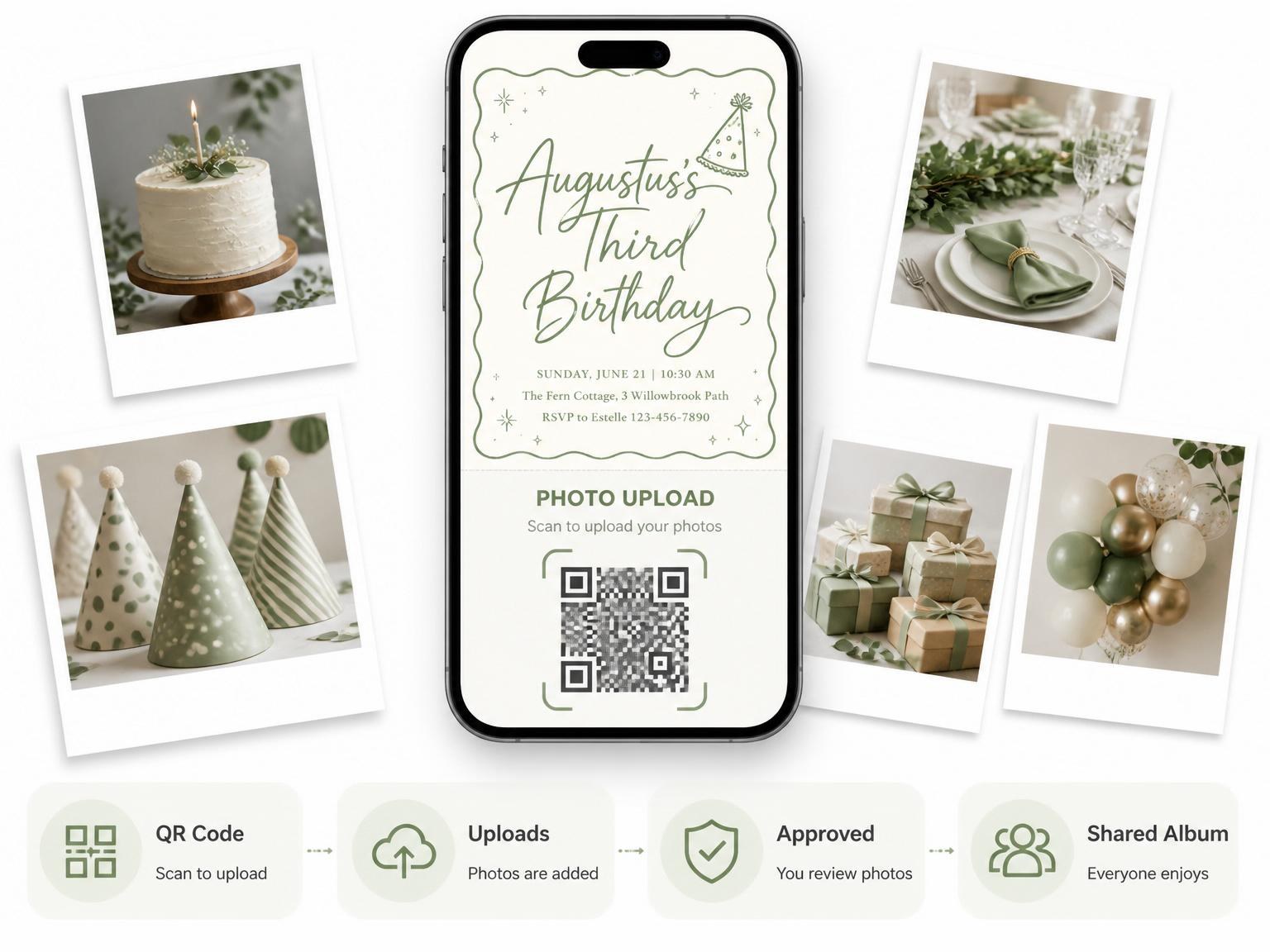The shared photo gallery that comes with the Sage Green 3rd Birthday Invitation invitation