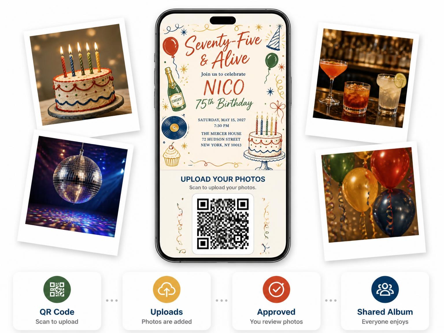 The shared photo gallery that comes with the Retro Doodle 75th Birthday Invitation invitation