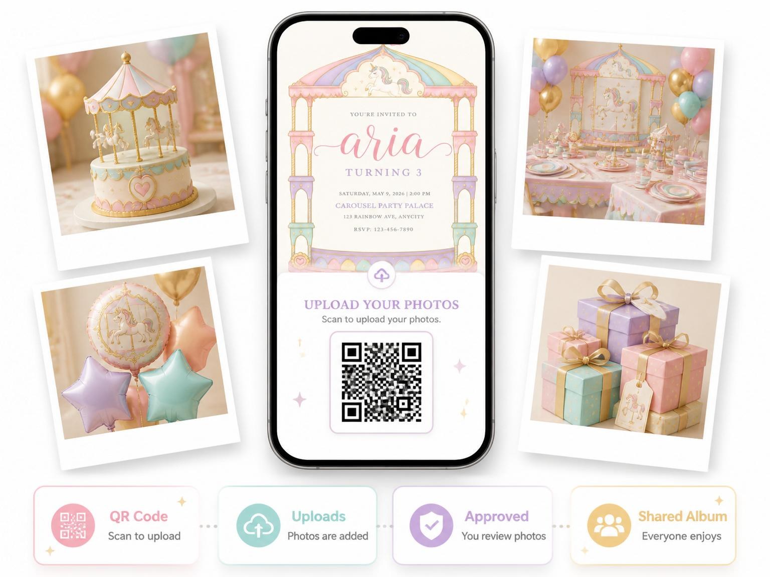 The shared photo gallery that comes with the Pastel Carousel Unicorn 3rd Birthday Invitation invitation