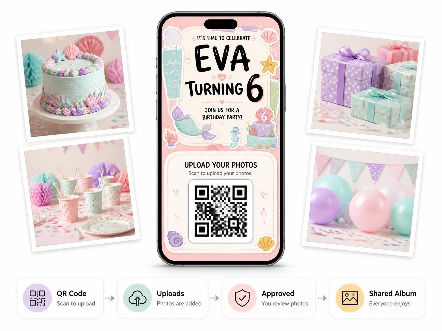 The shared photo gallery that comes with the Mermaid Pastel 6th Birthday Invitation invitation
