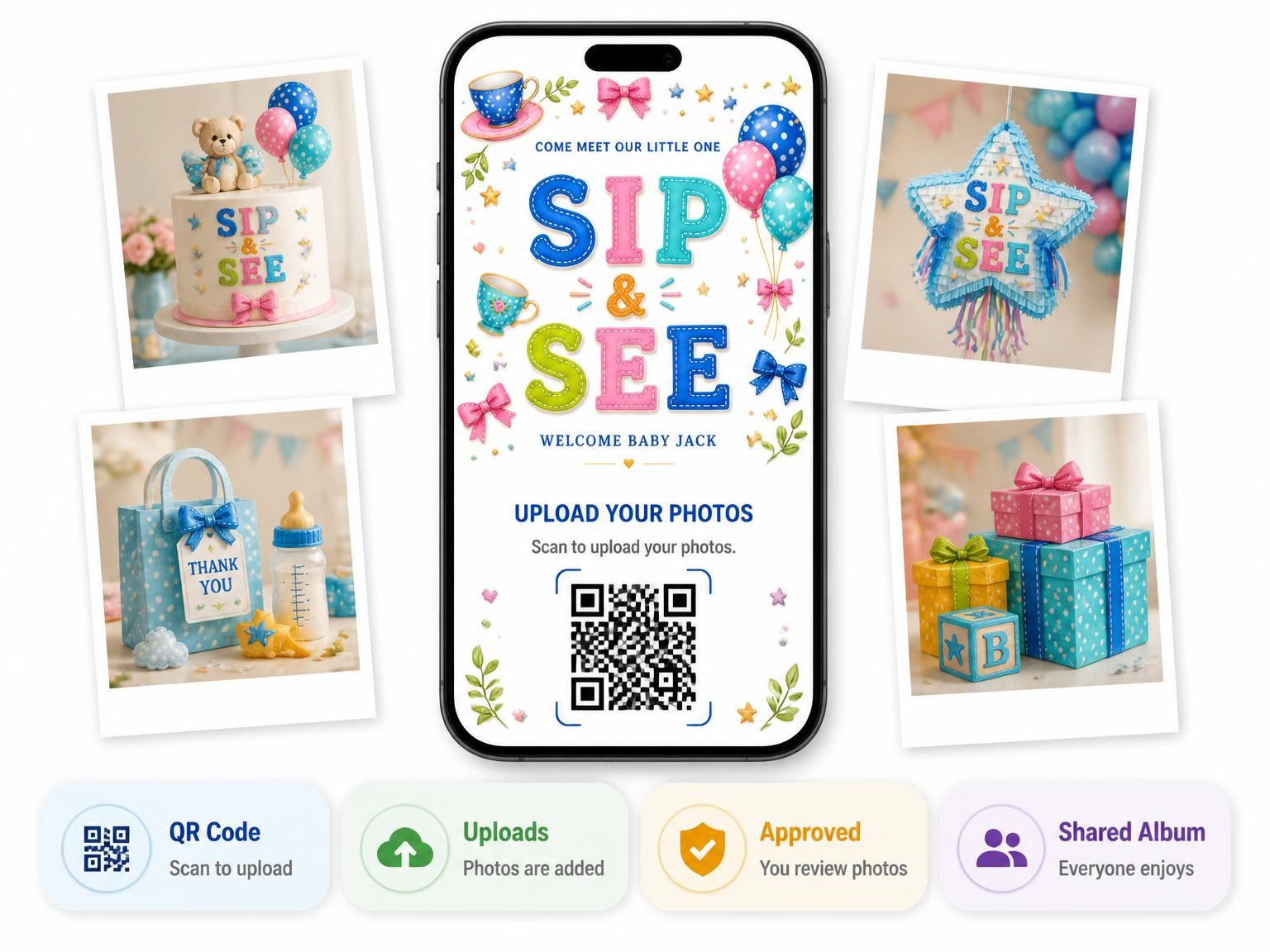 The shared photo gallery that comes with the ABC Blocks Sip and See Invitation invitation