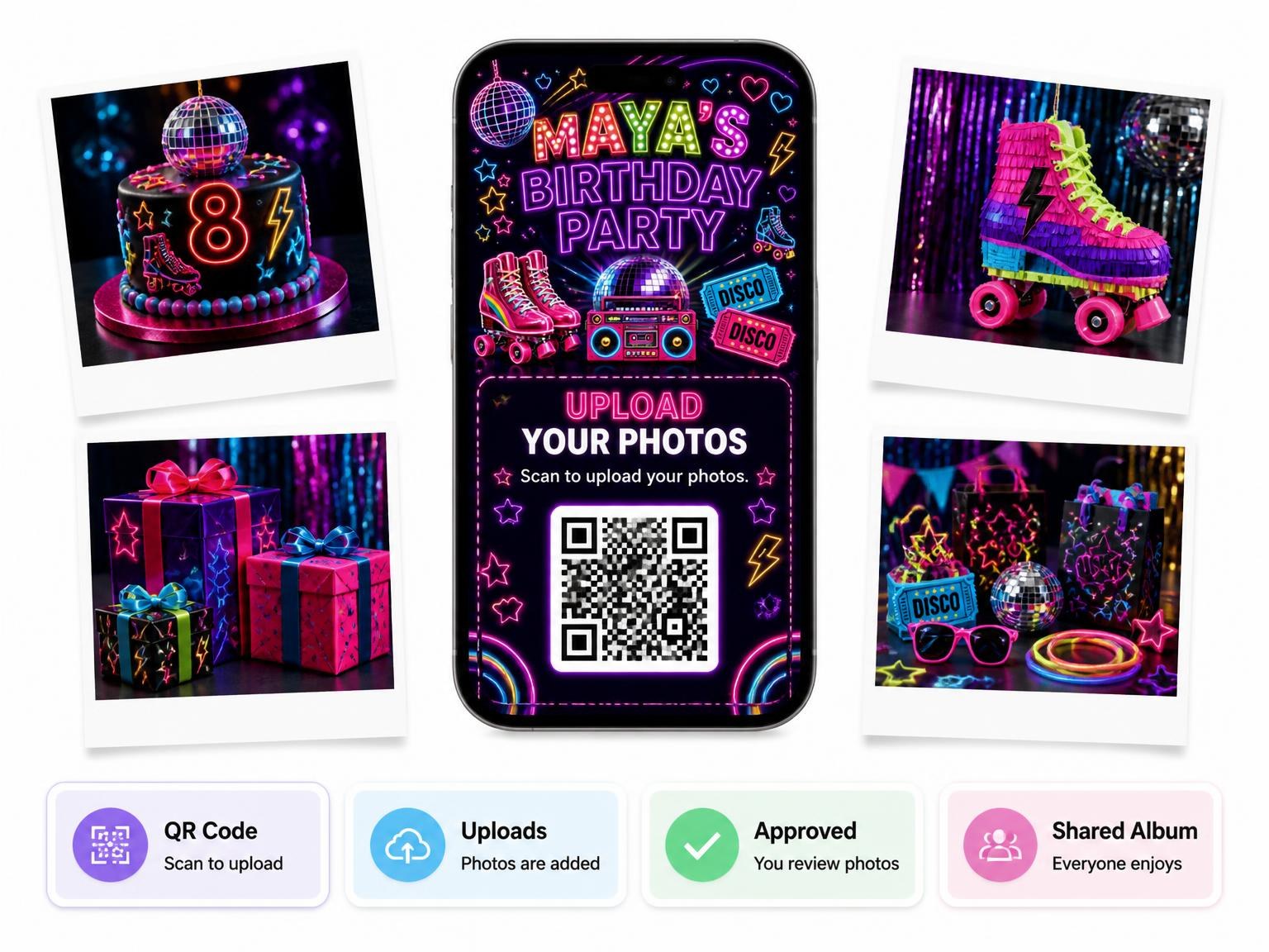 The shared photo gallery that comes with the Neon Roller Disco 8th Birthday Invitation invitation