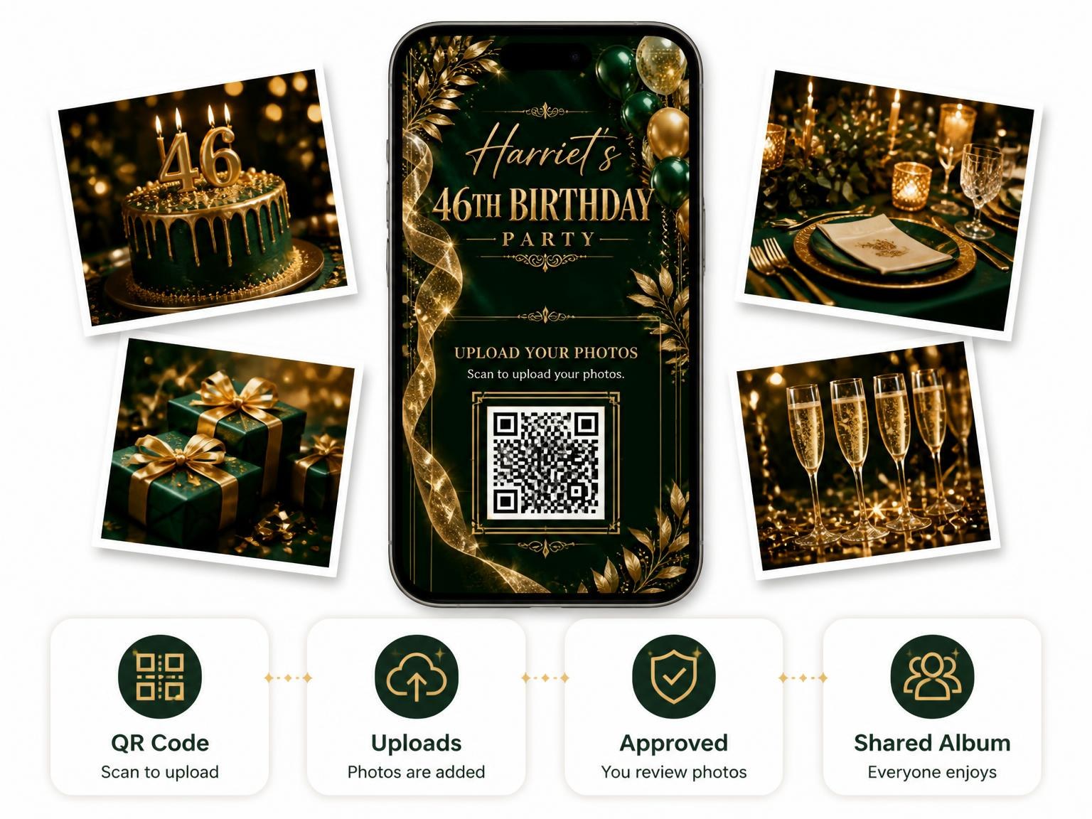 The shared photo gallery that comes with the Emerald and Champagne 46th Birthday Invitation invitation