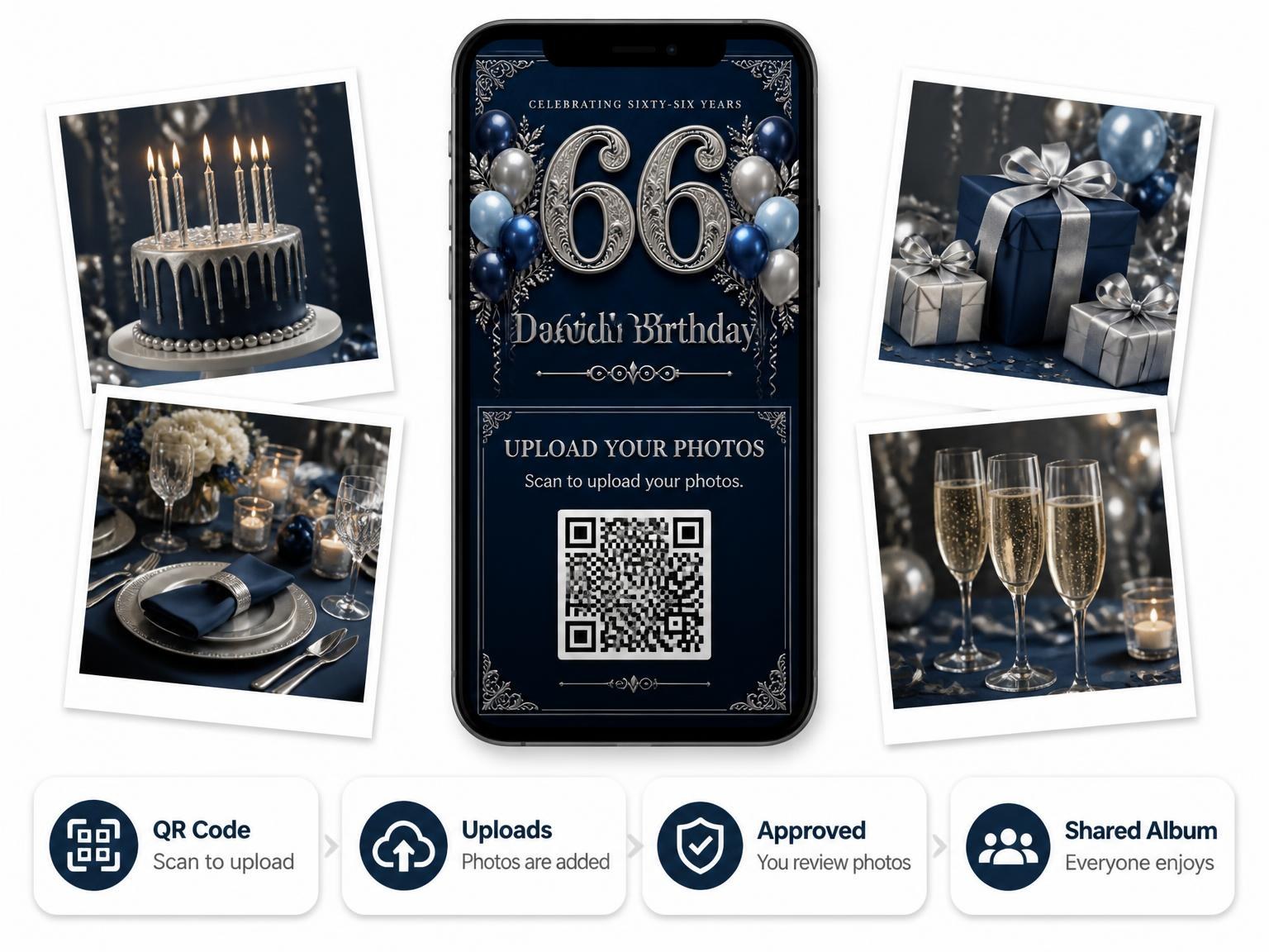 The shared photo gallery that comes with the Navy and Silver 66th Birthday Invitation invitation