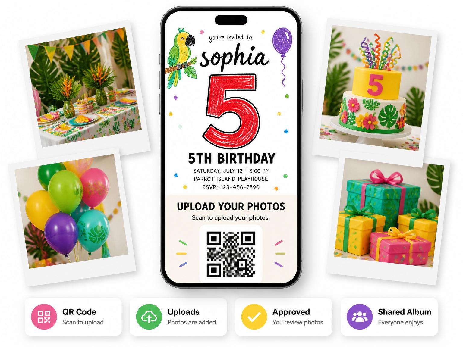 The shared photo gallery that comes with the Crayon Parrot Illustrated 5th Birthday invitation
